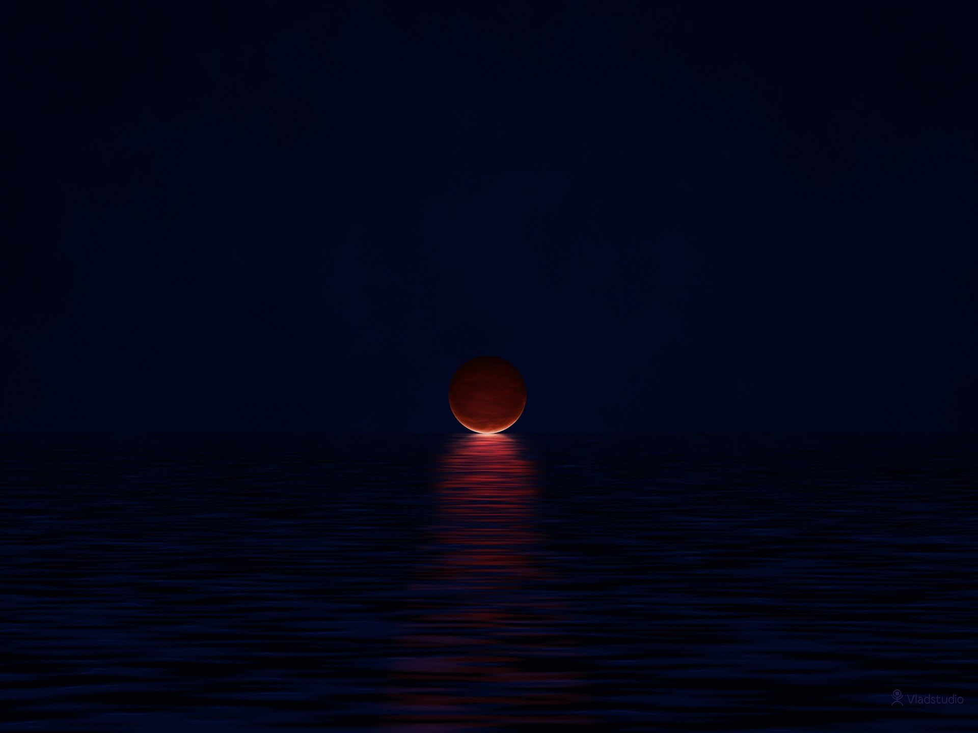 art, minimalism, moon, sea, vladstudio, 1080P, no people, nature, red, winter, eclipse, 1920x1440 px, astronomy, full moon, night, hd, sphere, pixel art, HD Wallpaper