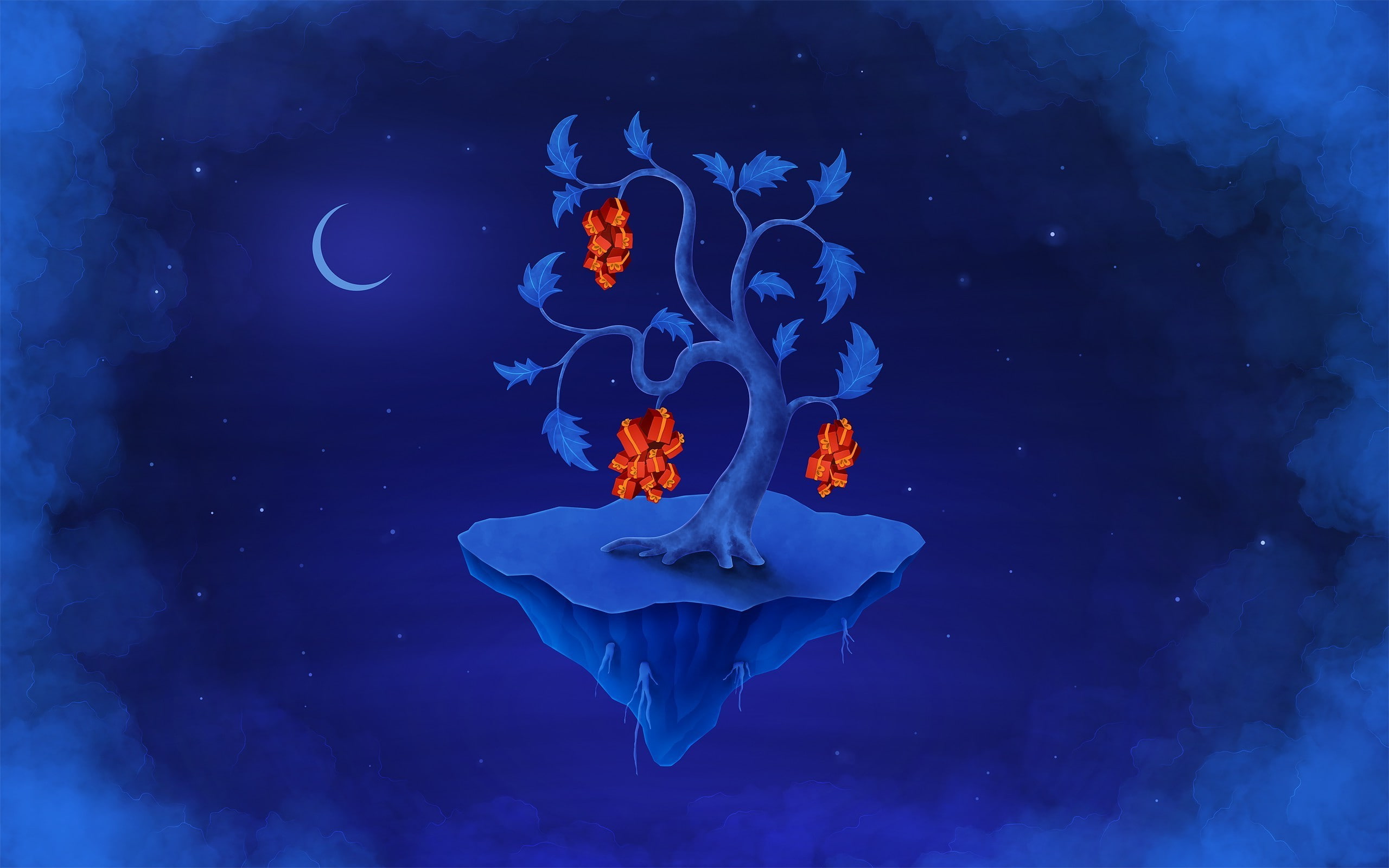 2K, digital art fantasy art sky clouds floating island vladstudio trees moon leaves christmas stars presents roots blue, HD Wallpaper