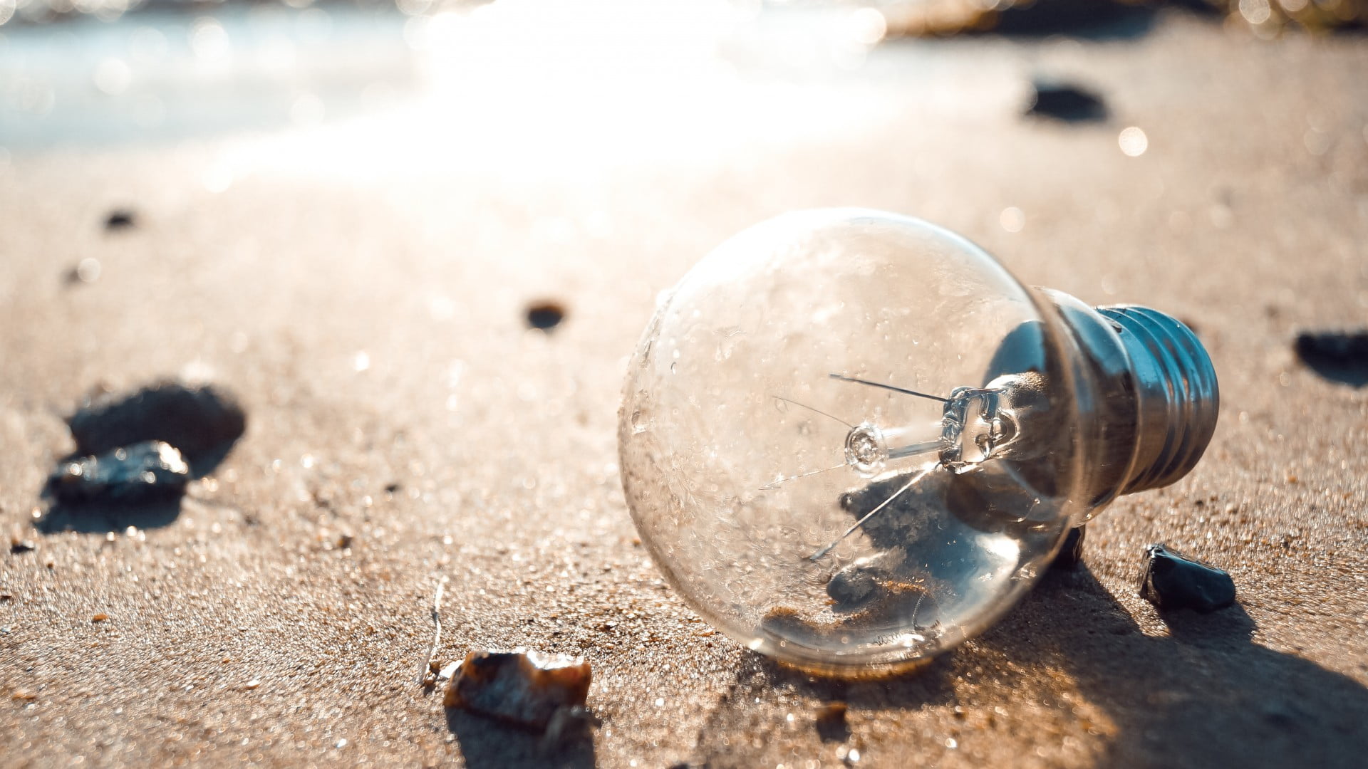 shadow, land, led, water, no people, sunlight, bulb, sphere, macro, day, rock, metal, selective focus, transparent, beach, outdoors, nature, sand, shape, HD Wallpaper