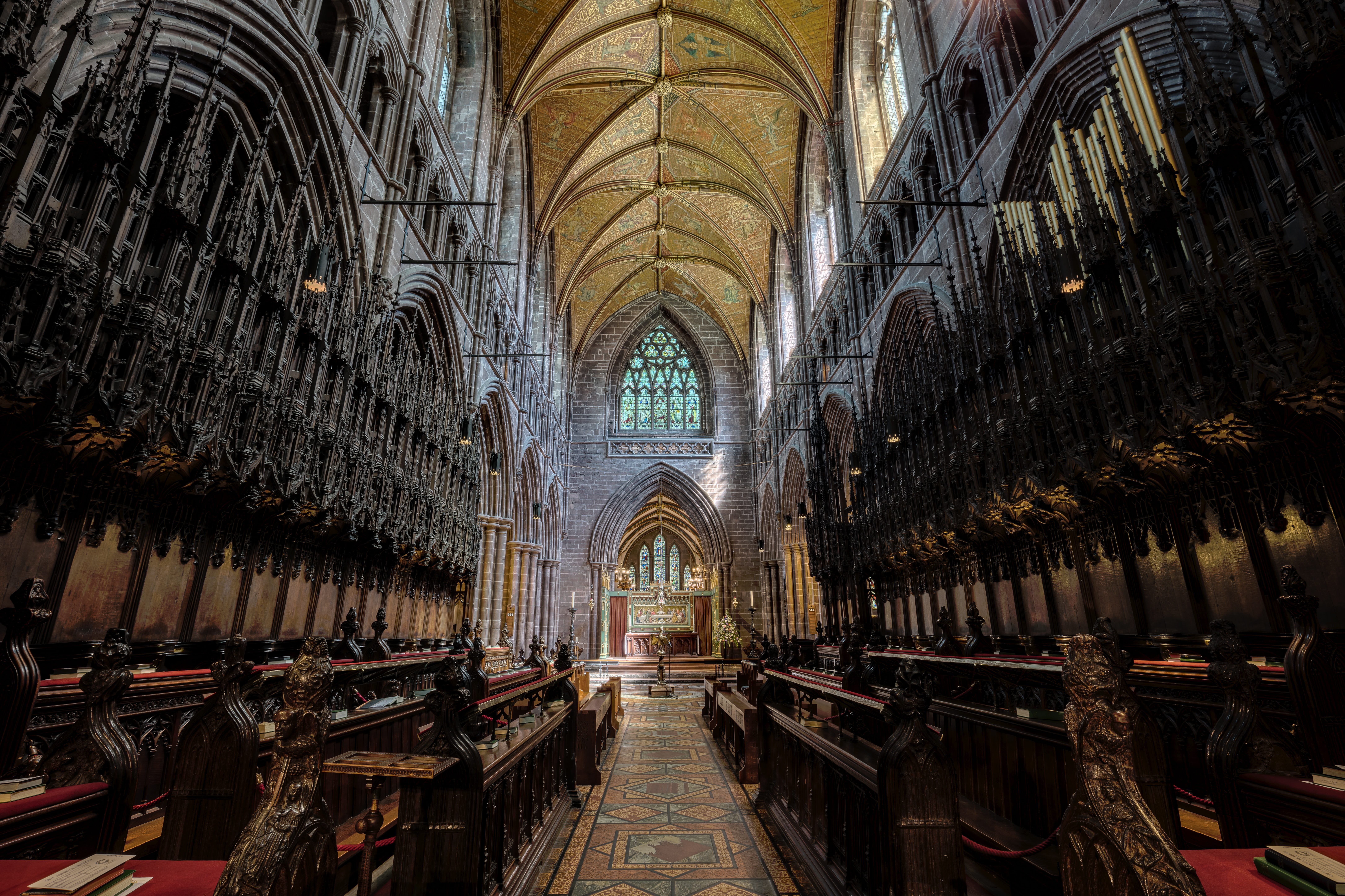 interior, history, building, abbey, choir, arched, famous, the past, chester cathedral, arch, 8K, architectural column, old, holy, historic, gothic, religious, HD Wallpaper