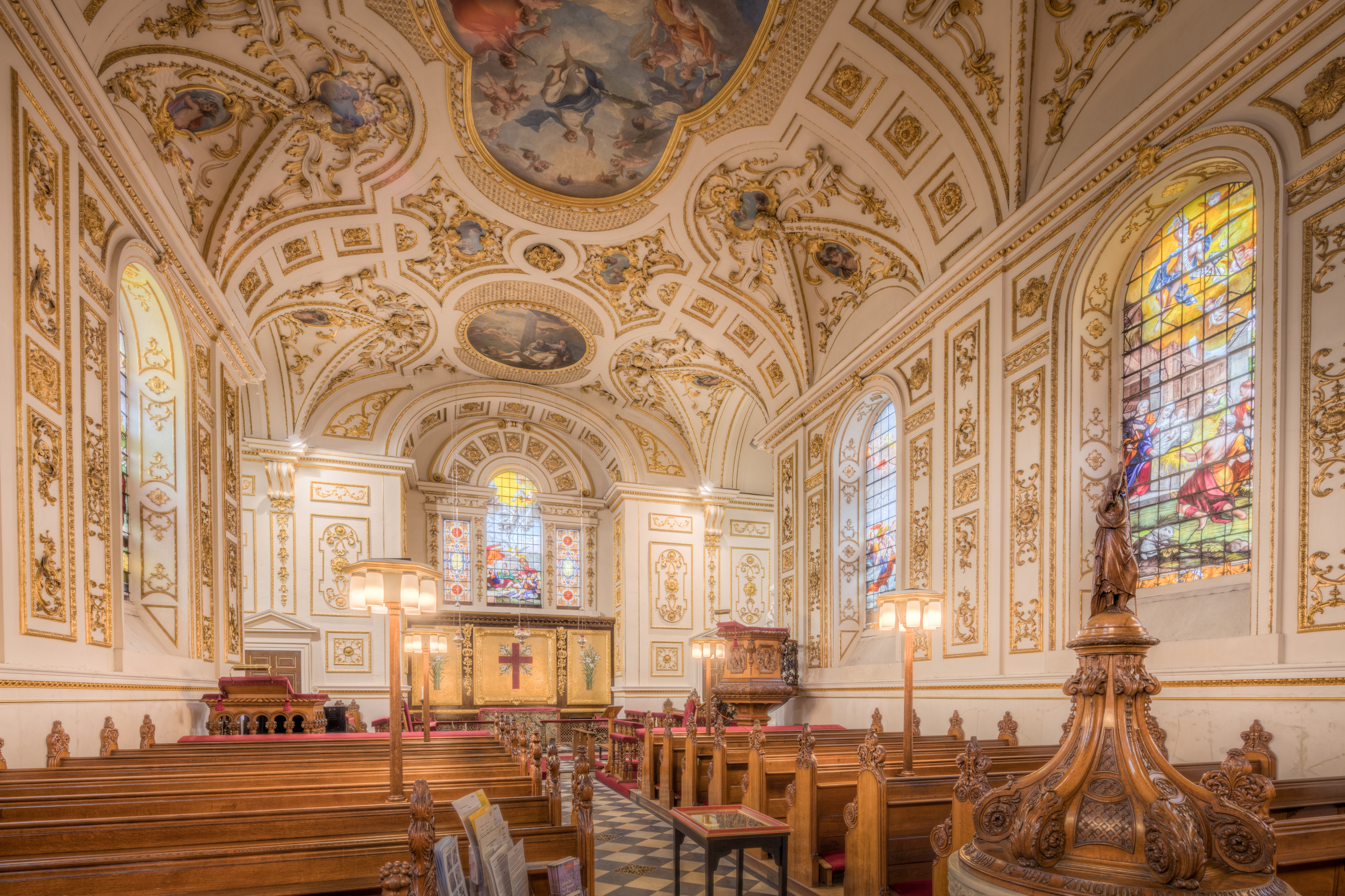 fresco, ceiling, historical, pew, art and craft, indoors, british, architecture and art, spirituality, pretty, room, religion, old, architecture, altar, HD Wallpaper