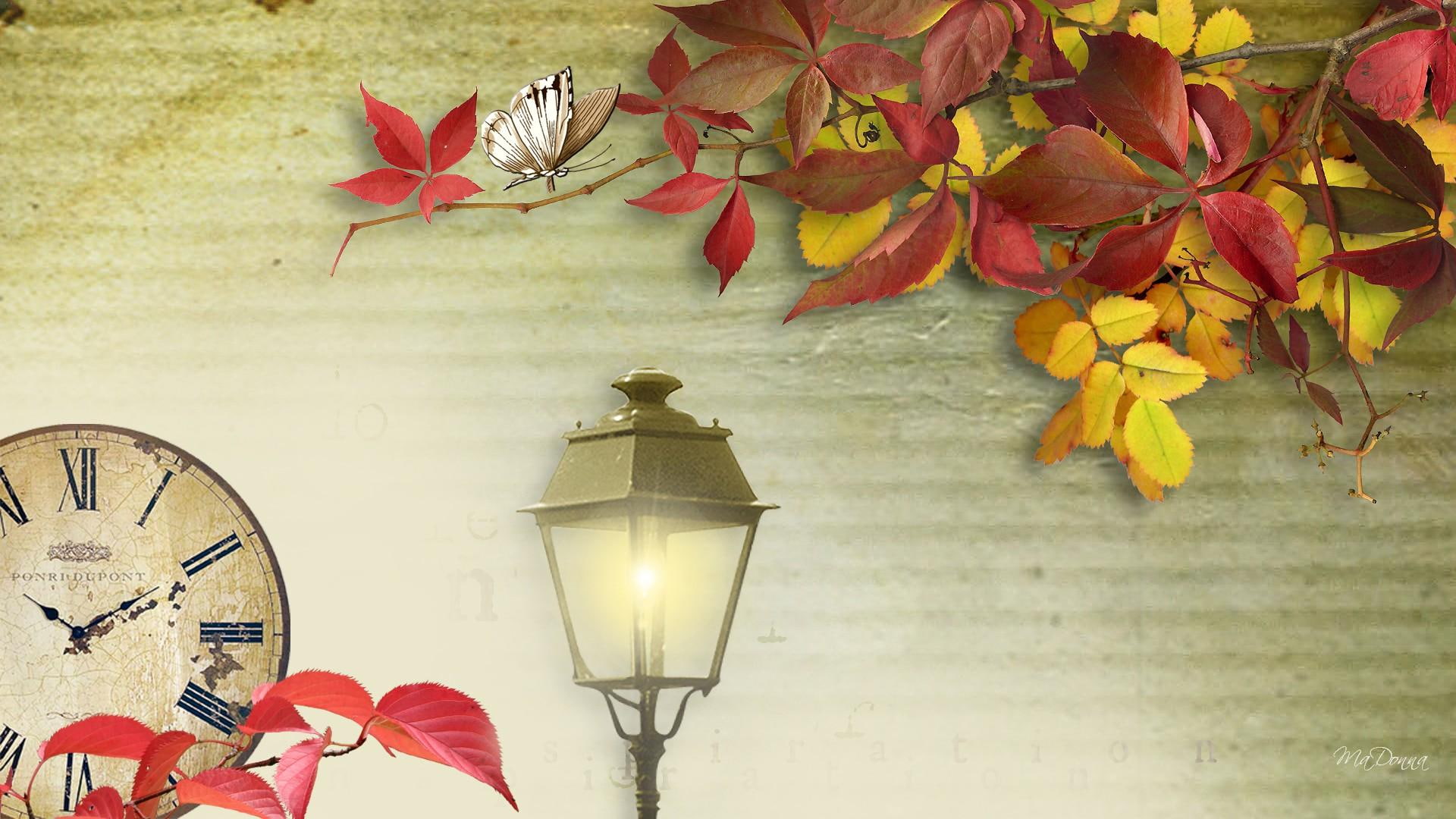 light, yellow, painting, butterfly, firefox persona, time, brown, lamp post, post, fall, autumn, clock, leaves, 1080P, 3d and abstract, black, HD Wallpaper