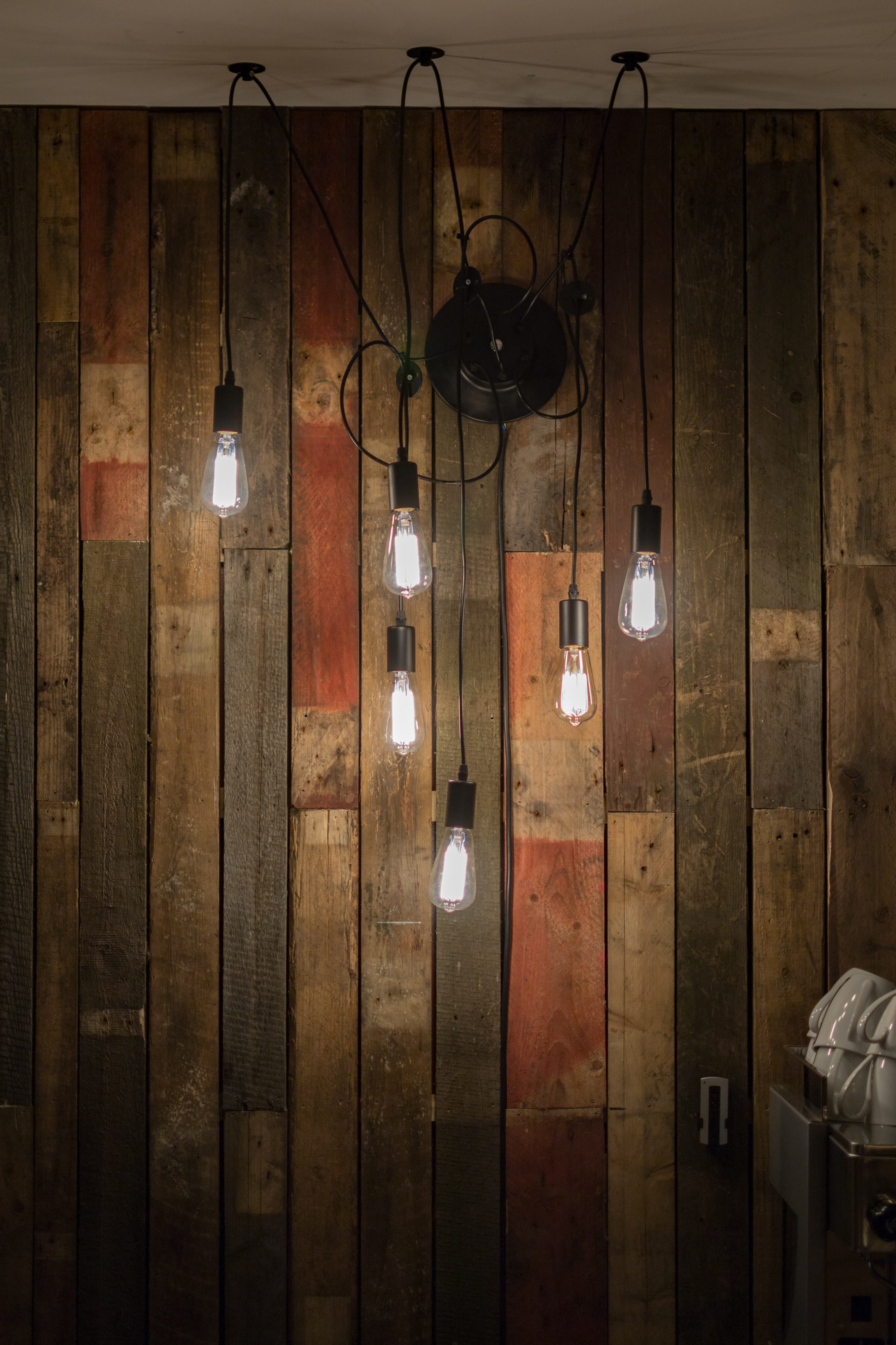 reclaimed, cluster, wood, 4K, absence, architecture, cosy, night, hanging, illuminated, light, wall, pendant, wood - material, shed, electric light, no people, Phone HD Wallpaper