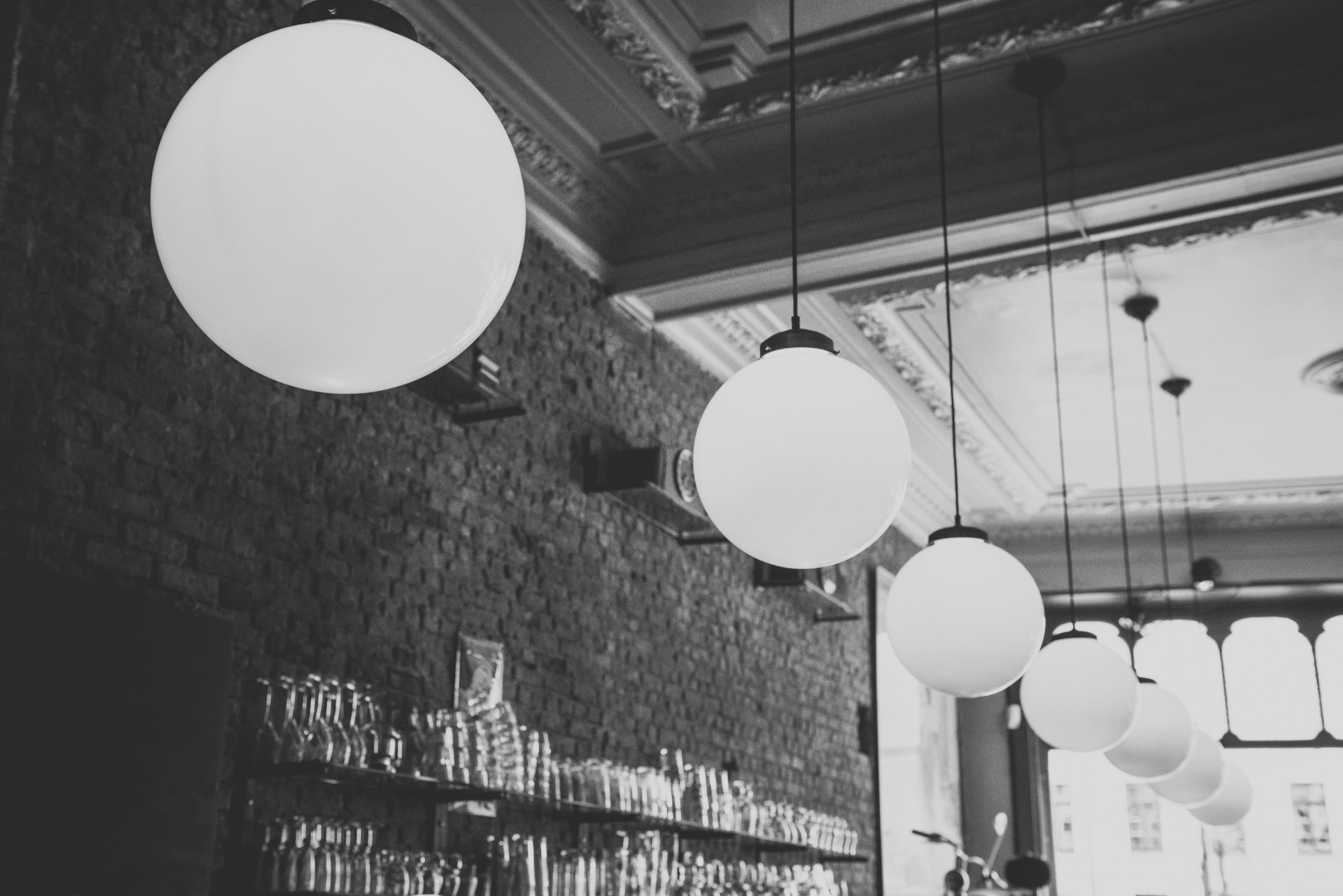 pendant, near, low angle view, lights, circle, grayscale, decor, shape, building, close-up, bricks, wall, indoors, built structure, black and white, seven, HD Wallpaper