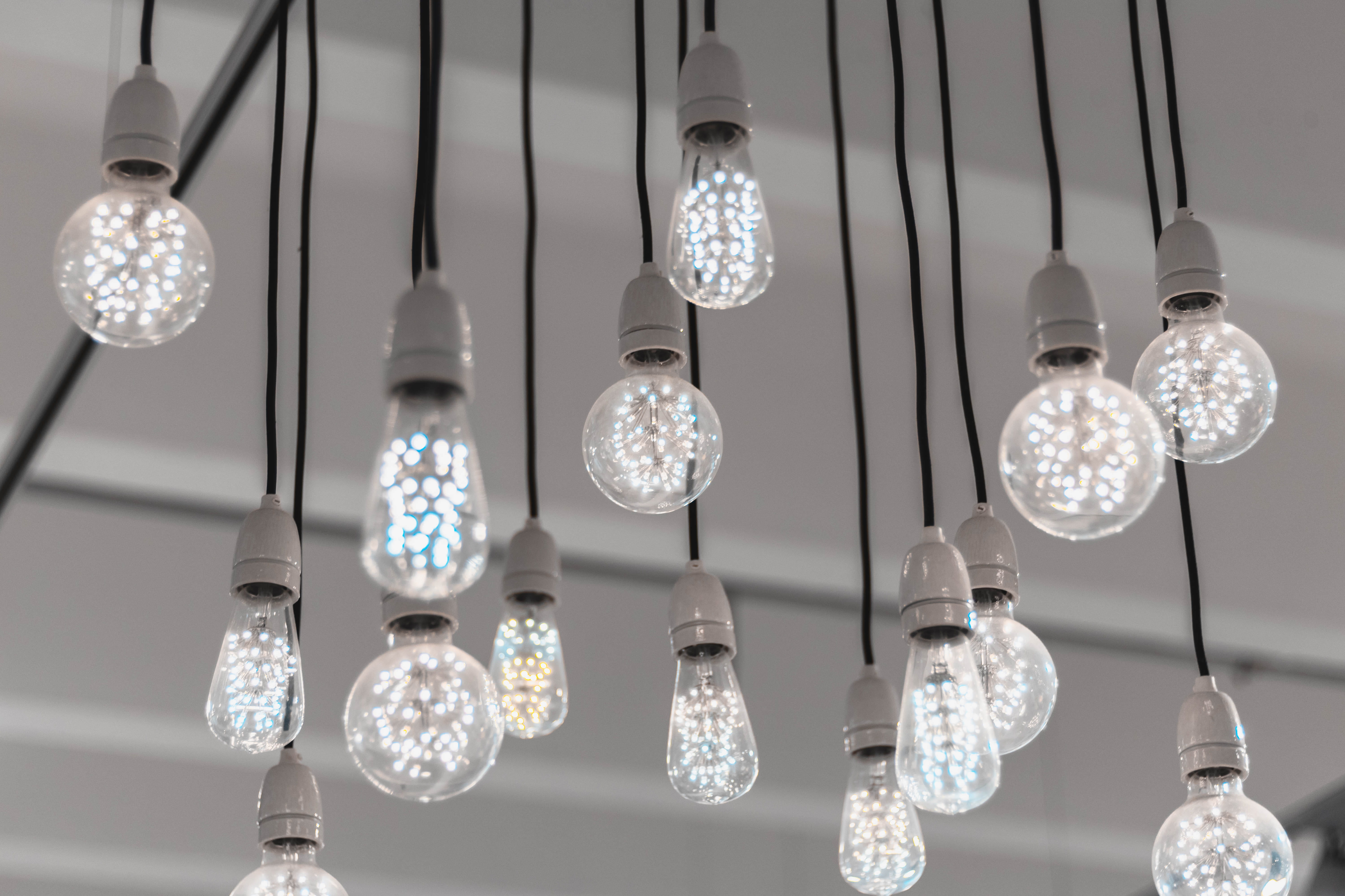hanging, glass - material, interior, focus on foreground, decor, no people, ideas, electric light, sphere, 5K, light, lighting equipment, light bulbs, HD Wallpaper