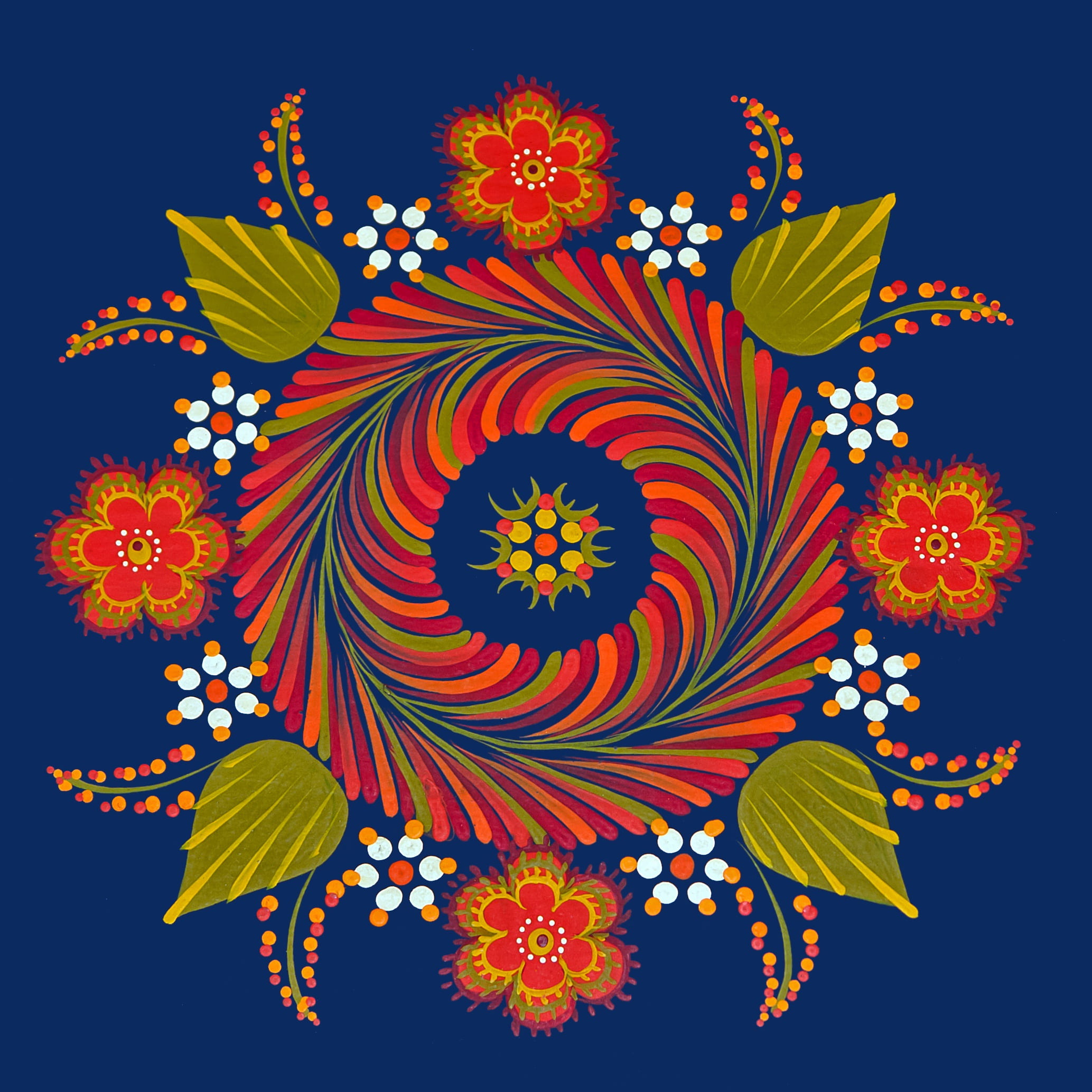 decorative, 1080P, flower, painted, creativity, art and craft, freshness, multi colored, hungarian mandala flower floral, vintage, leaf, blue background, Phone HD Wallpaper