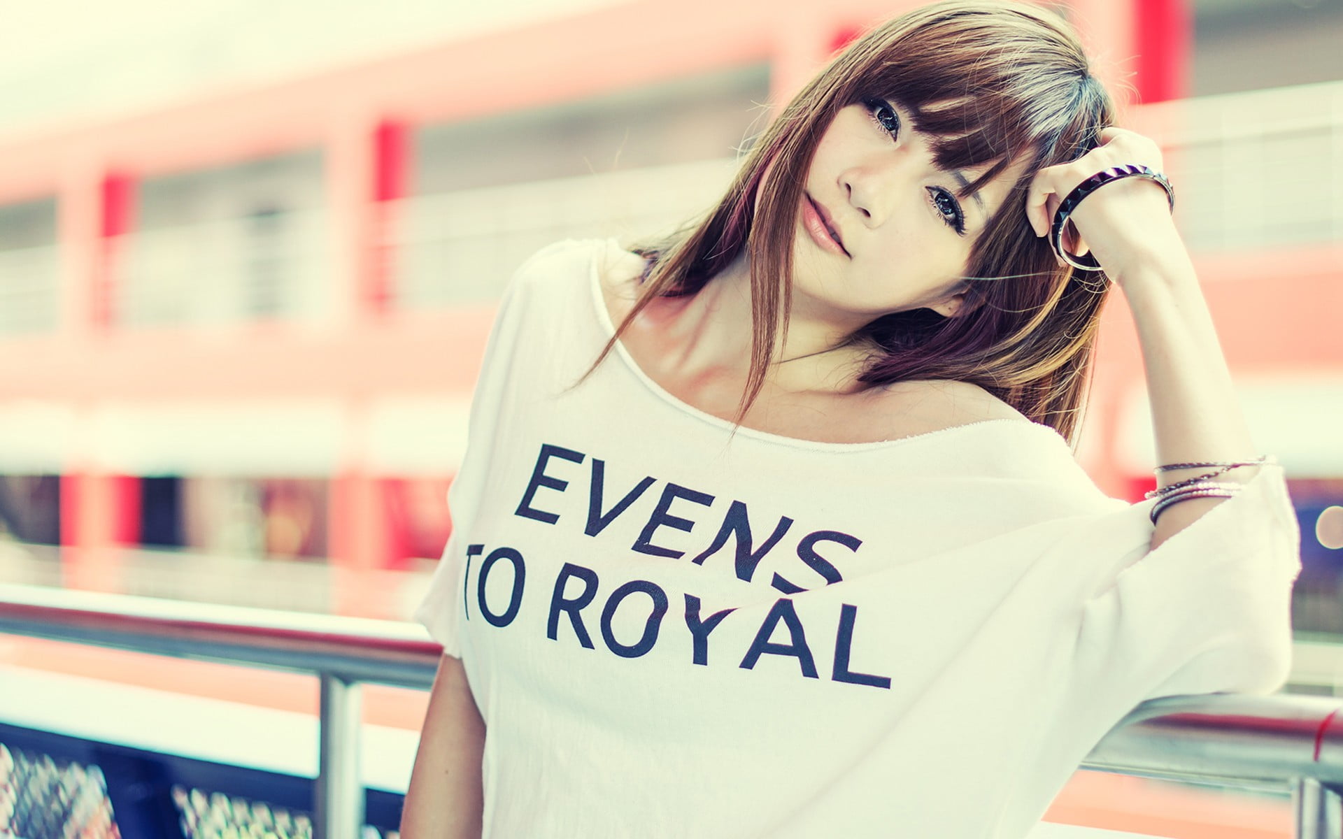 western script, portrait, urban, text, young adult, hands on head, beauty, standing, hairstyle, beautiful woman, 1080P, waist up, one person, looking at viewer, HD Wallpaper