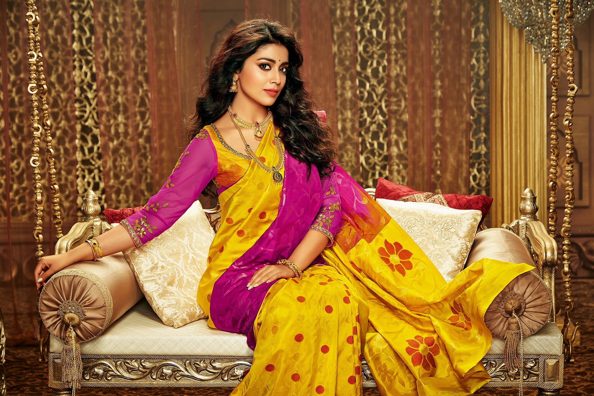 bangles, Indian makeup, saree, Bollywood actresses, red lipstick, actress, sitting, model, shriya saran, women, 1080P, necklace, HD Wallpaper