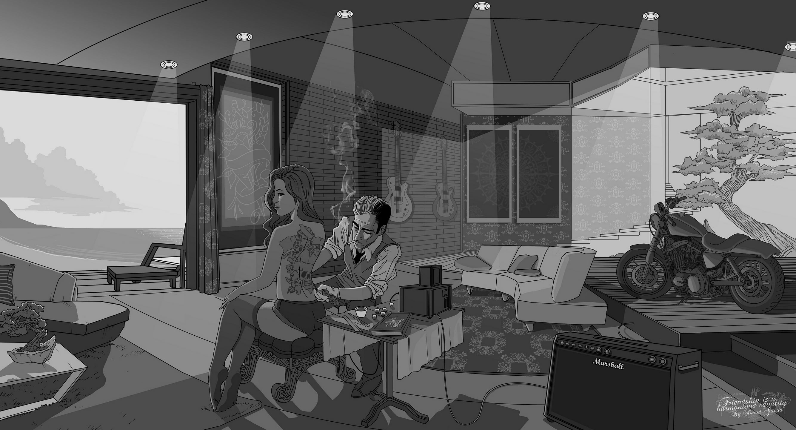 window, seat, 2K, illustration, motorcycle, room, built structure, tattoo, tattoo artist, girl, working, business, technology, relaxation, people, chair, HD Wallpaper