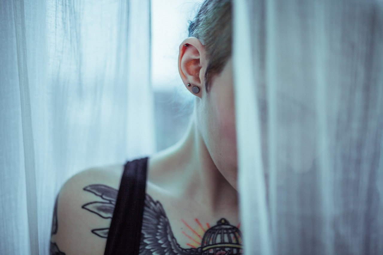 semi-dress, curtain, emotion, indoors, human face, contemplation, hair, headshot, beautiful woman, portrait, tattoo, beauty, hairstyle, depression - sadness, HD Wallpaper