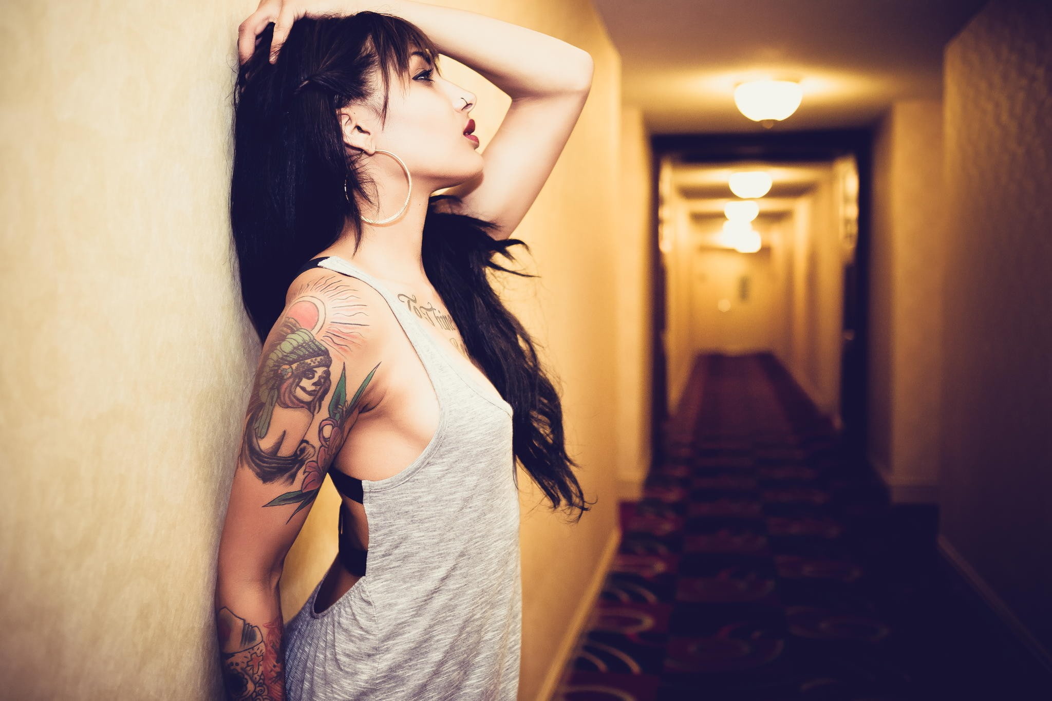 hallway, women, hands, arms, hair, arms up, piercing, top, tank, pierced, tattoo, head, 1080P, red lipstick, pierced nose, long hair, lipstick, brunette, HD Wallpaper