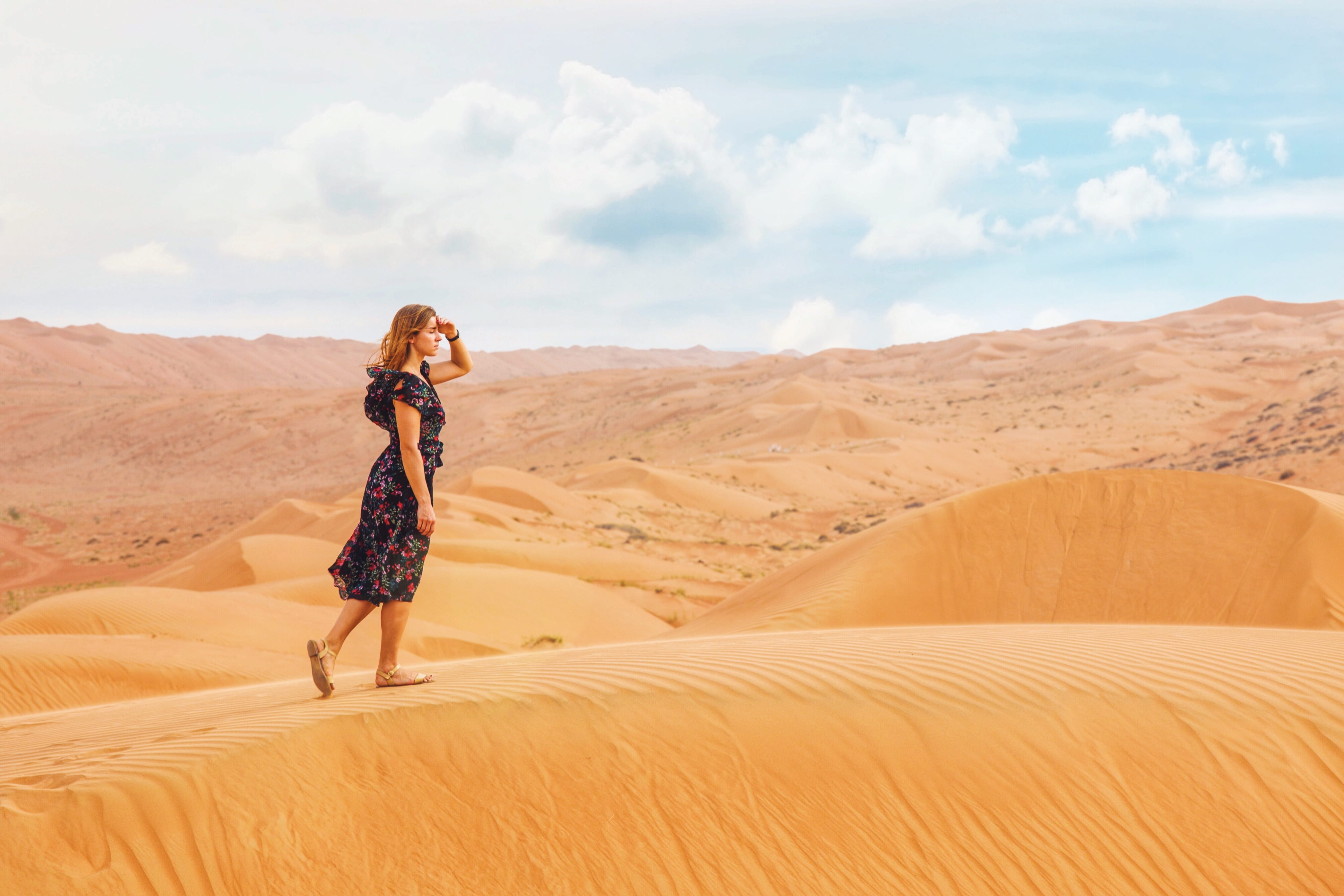 landscape, pile, walking, freedom, daytime, adult, women, sand dune, arid climate, dress, woman, dunes, fashion, beautiful woman, desert, environment, full length, HD Wallpaper