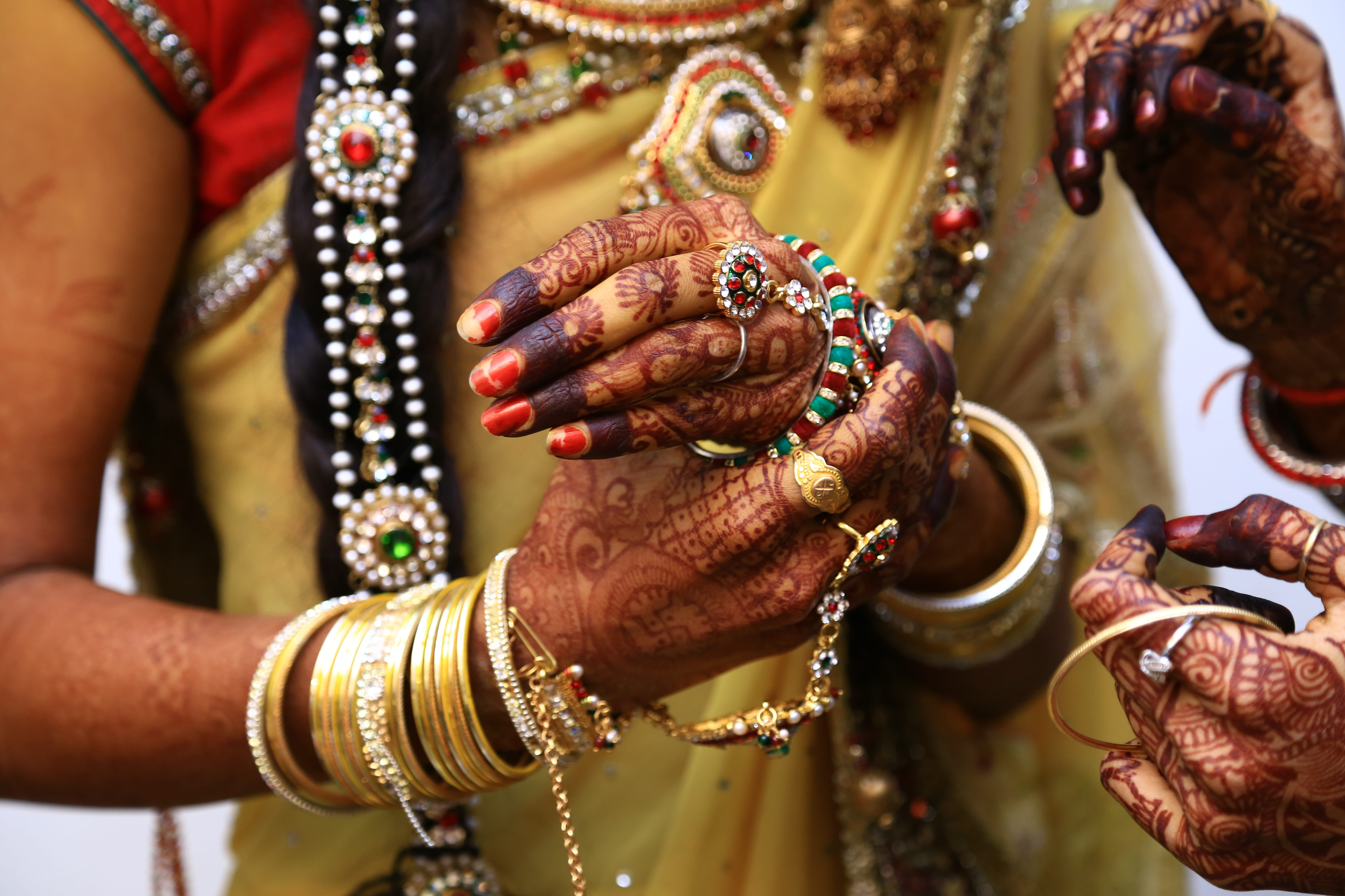 adult, celebration, women, tattoo, life events, nail, newlywed, wedding ring, religion, kangab, bride, mehandi, 5K, event, hand, focus on foreground, bracelet, HD Wallpaper