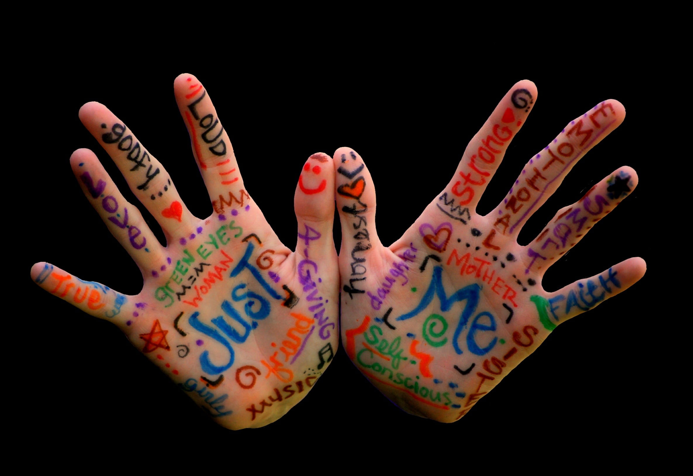 hand, marker, henna tattoo, close-up, one person, human body part, 1080P, text, human limb, importance, body part, palm, hands, studio shot, black background, HD Wallpaper