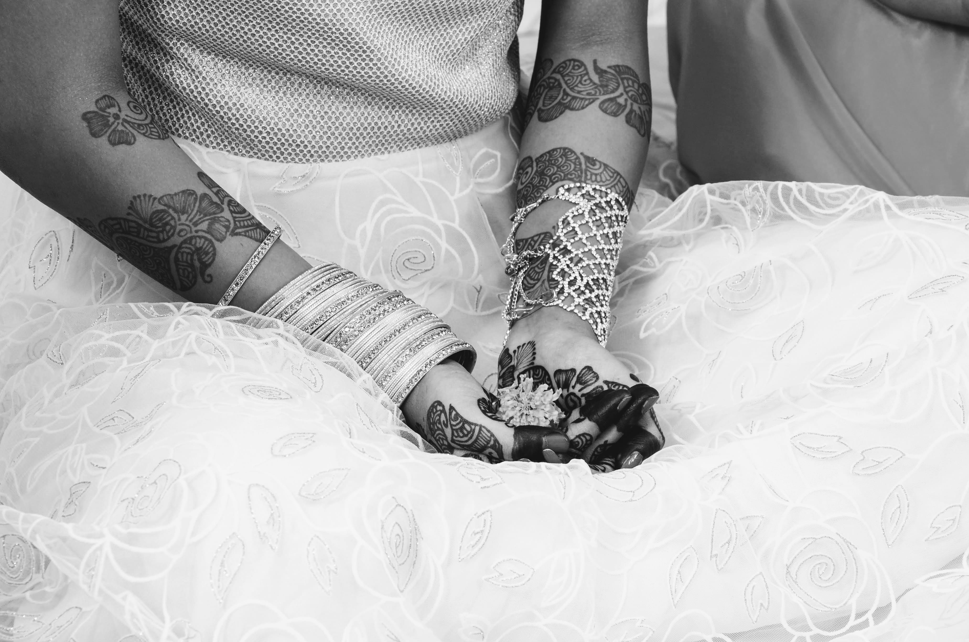 fashion, newlywed, celebration, bride, hand, bracelets, women, adult, midsection, grayscale, wedding gown, black-and-white, black and white, pattern, life events, HD Wallpaper