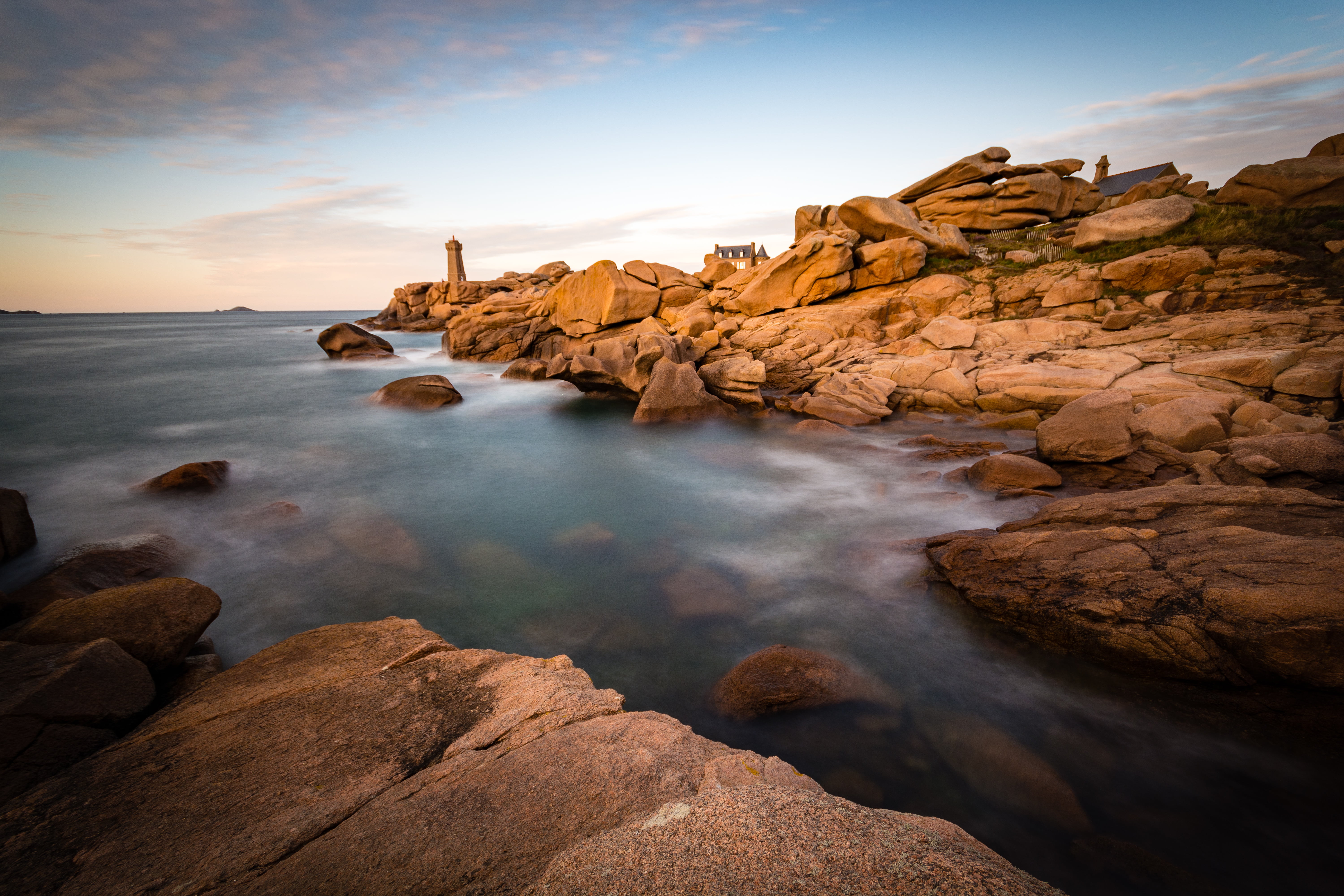 outdoors, Bretagne, scenics, rock formation, beach, nature, cloudy, Coast, rock, Brittany, Sunset, Perros-Guirec, body of water, 5K, sky, rock - Object, HD Wallpaper