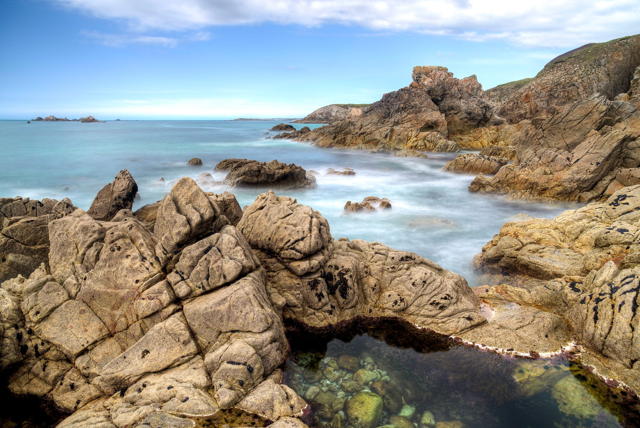 horizon, clouds, stones, Brittany, the Peninsula, Finistère, sea, 1080P, rocks, Cape, Bretagne, Pointe de Corsen, the sky, France, coast, HD Wallpaper