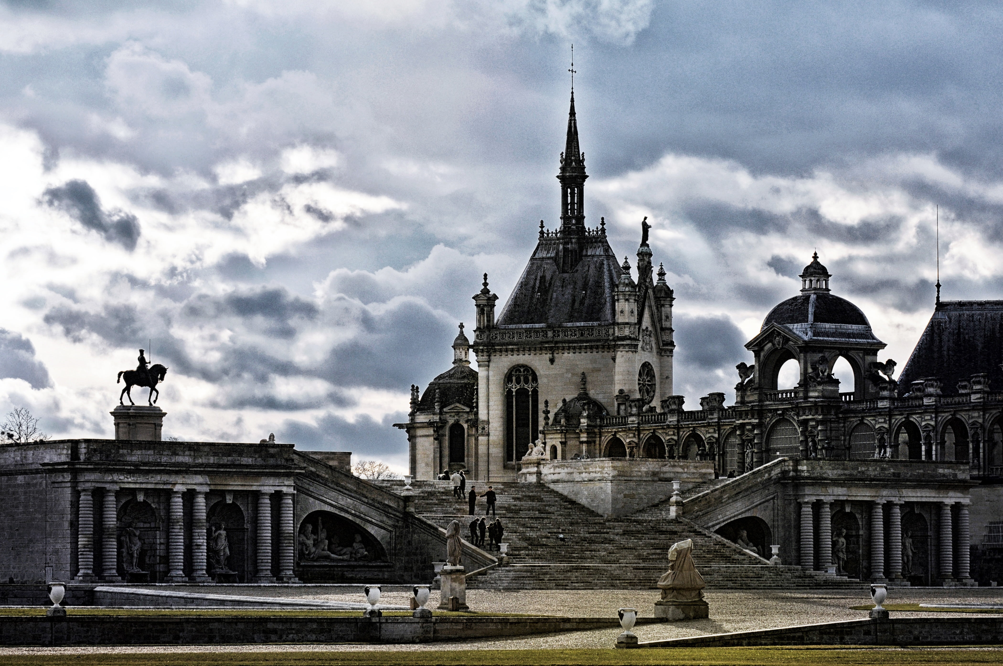 building, belief, tourism, spirituality, stones, outdoors, cloud - sky, the past, france, chantilly, place of worship, travel, religion, day, city, spire, HD Wallpaper