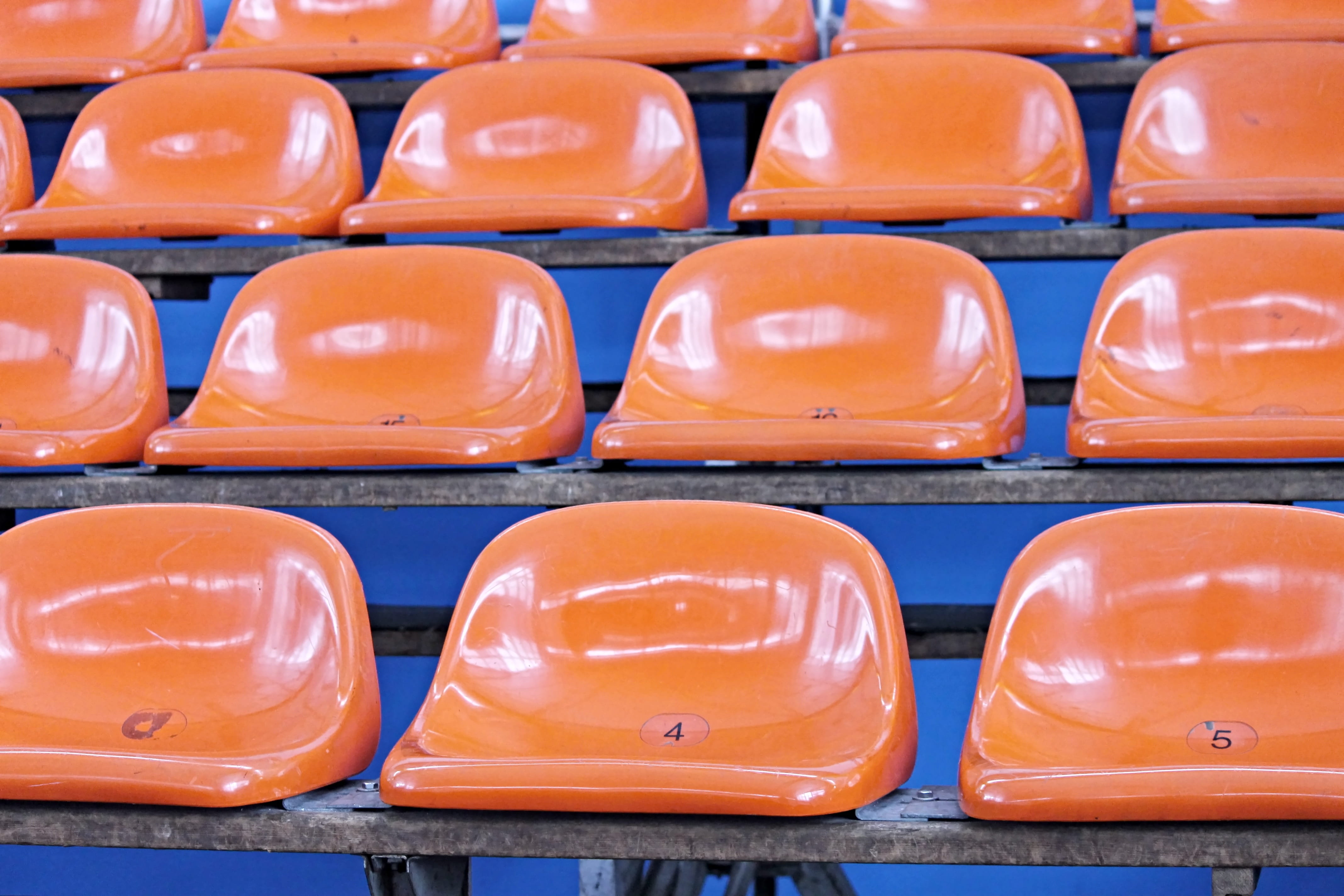 bank, bucket seats, watch, seating, large group of objects, repetition, empty, sit, indoors, ice rink, arrangement, rows of seats, viewers, no people, plastic, HD Wallpaper