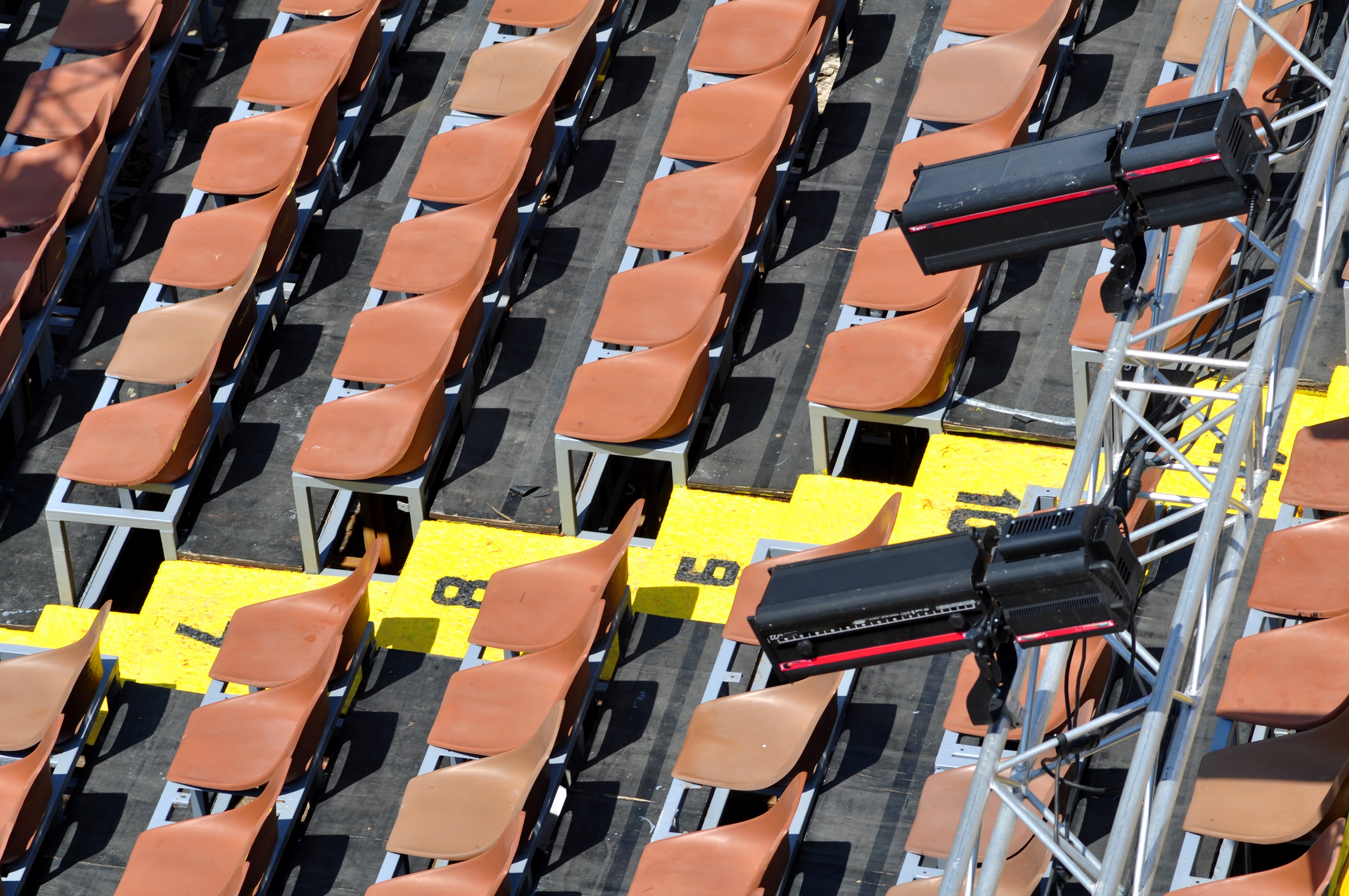transportation, sit, 2K, empty, day, sítze, order, chairs, grandstand, in a row, ingenuity, orange color, equipment, business, tribune, audience stands, HD Wallpaper