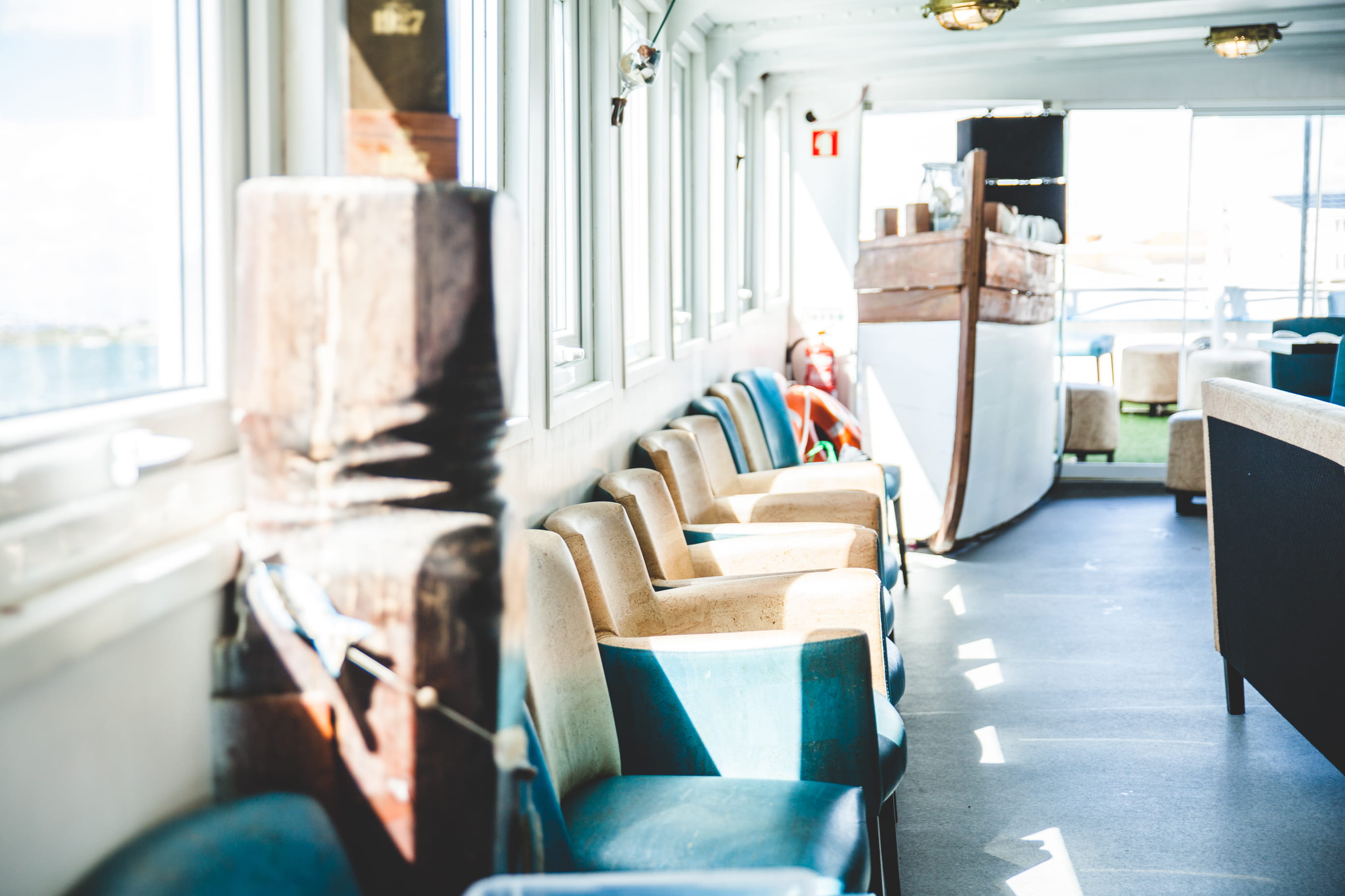 brown, luxury, indoors, business, absence, across, restauarant, wooden, leather, boat, transportation, sunlight, domestic room, furniture, seat, windows, HD Wallpaper
