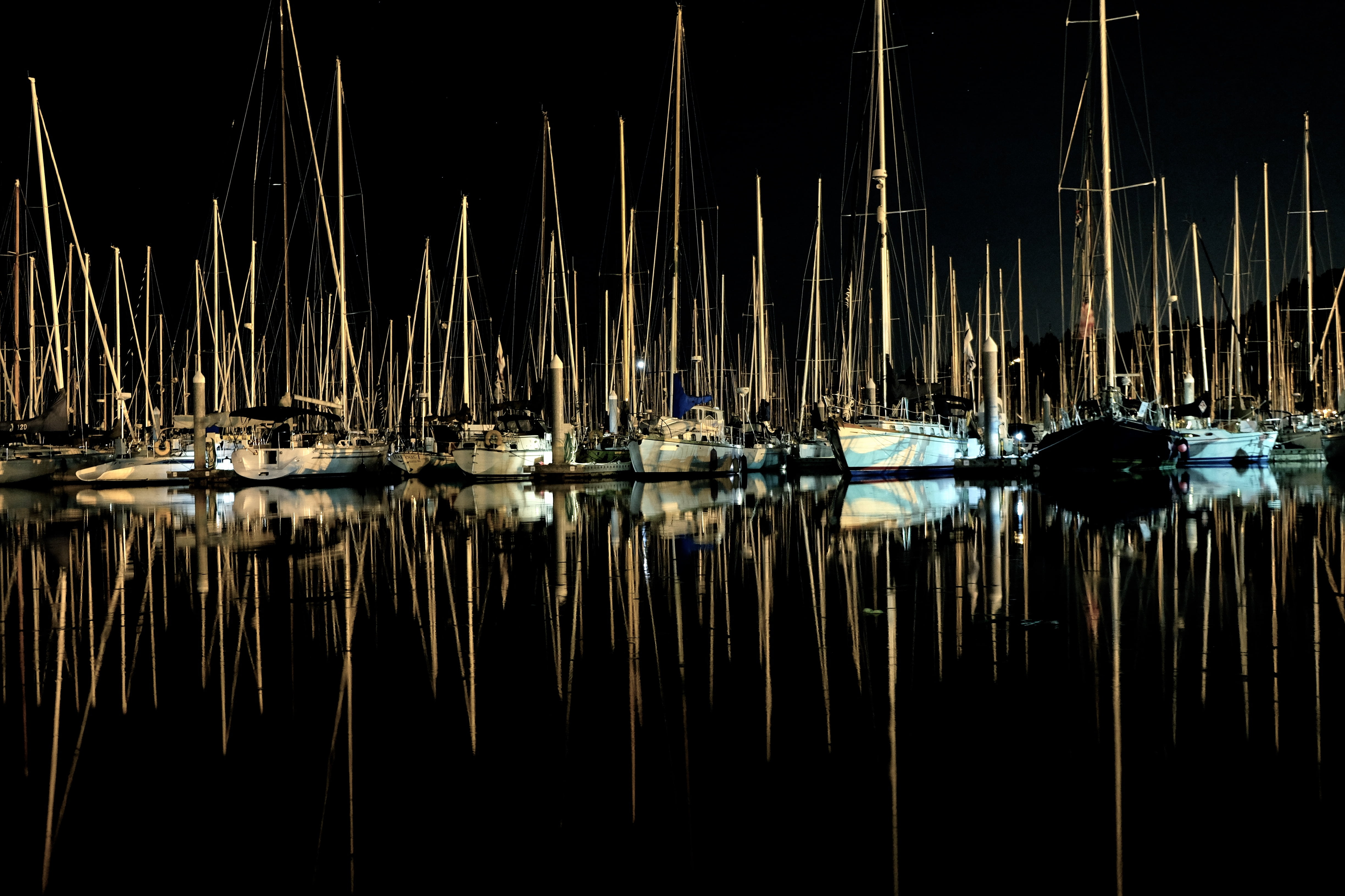 sea, tranquil scene, transportation, 4K, night, boats, standing water, photo, waterfront, mast, no people, body, yacht, sailboats, outdoors, sailboat, HD Wallpaper