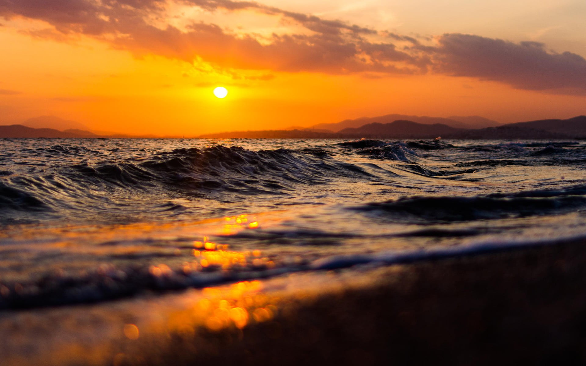 waves, sunset, water, depth of field, nature, beach, motion, bokeh, idyllic, cloud - sky, no people, orange color, beauty in nature, scenics - nature, 1080P, HD Wallpaper