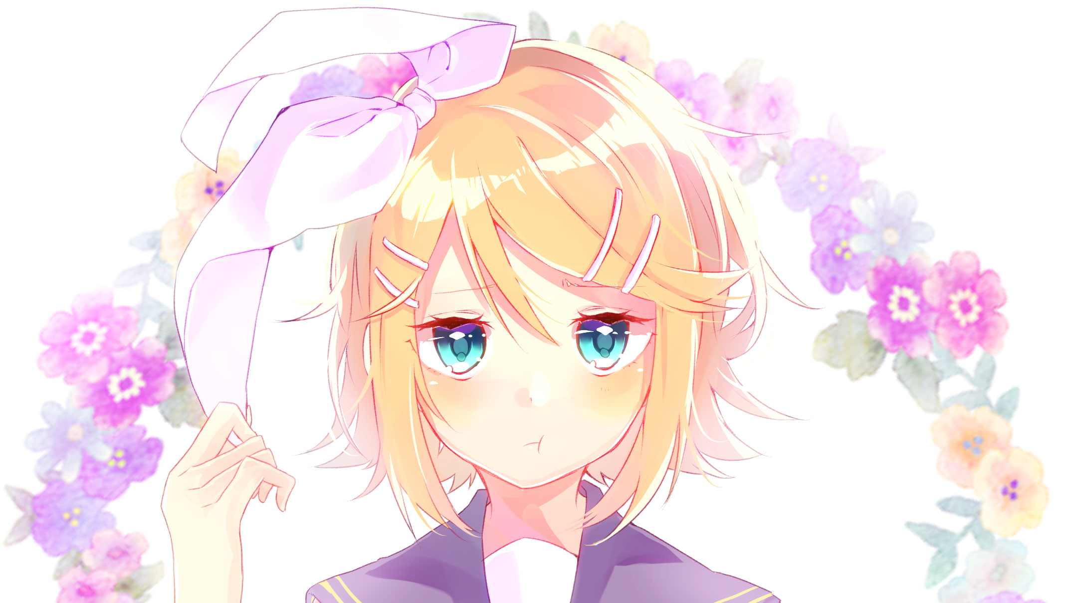 leisure activity, outdoors, manga, nature, beautiful woman, young adult, women, portrait, flowering plant, Kagamine Rin, headshot, real people, hair, Vocaloid, HD Wallpaper