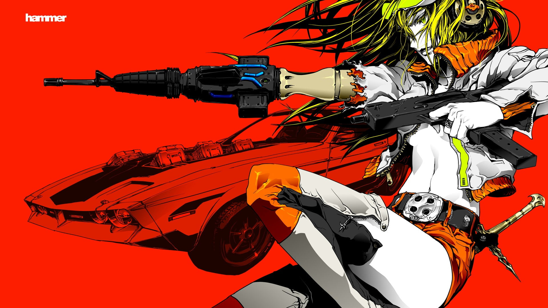 cyborg, studio shot, orange color, anime girls, weapon, Vocaloid, headphones, colorful, close-up, 1080P, no people, military, aggression, Kagamine Rin, HD Wallpaper