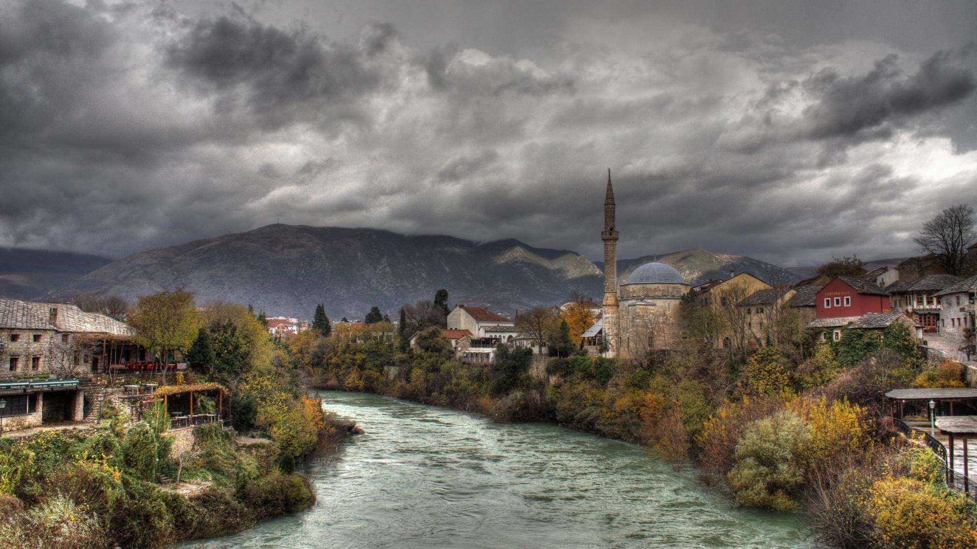 town, mosque, nature and landscapes, muslim, river, mountains, 1080P, HD Wallpaper