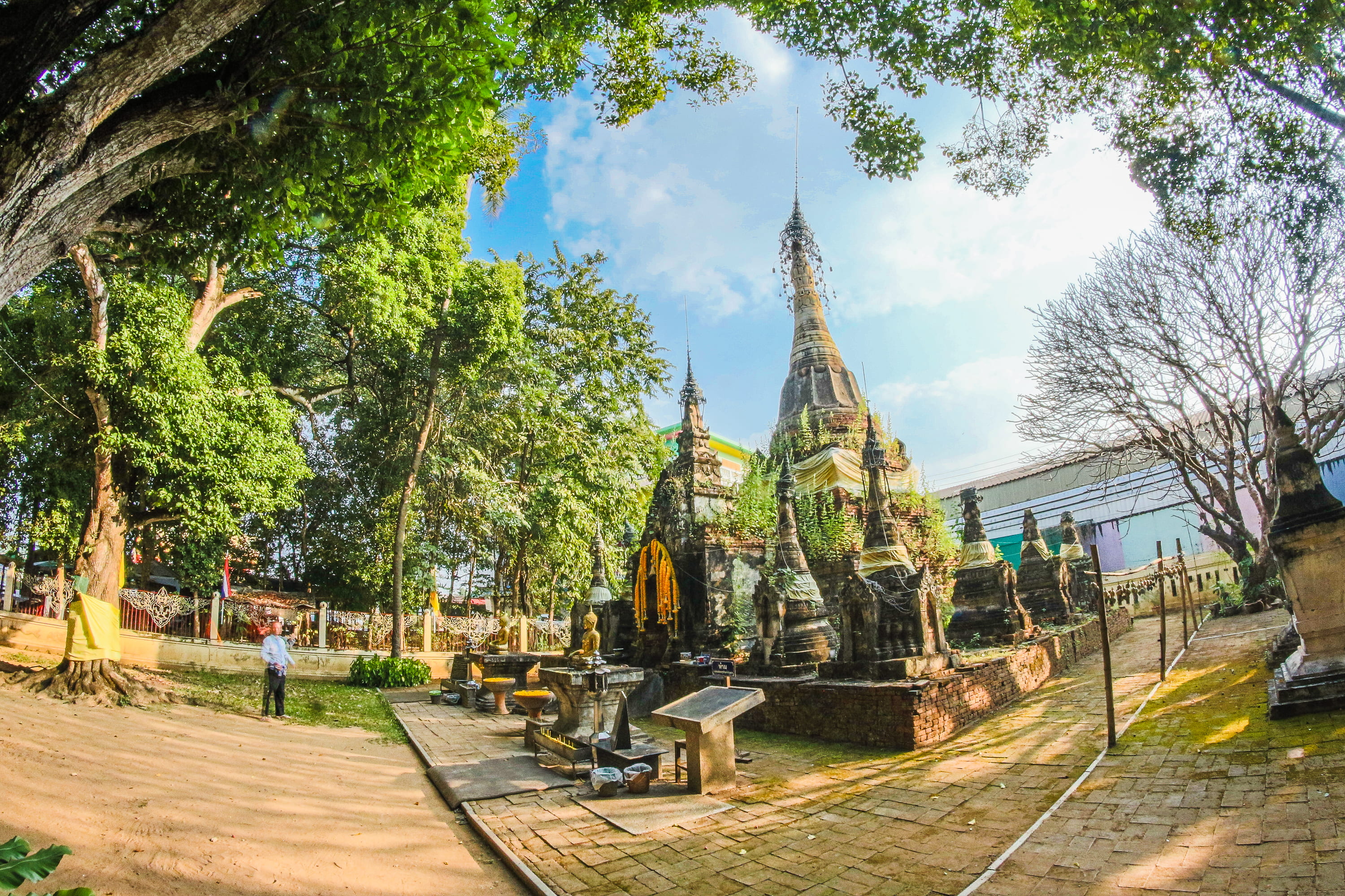 built structure, sacred, sculptures, day, buddhist, art, gold, trees, spiritual, ancient, temple, belief, architecture, buddha, poles, plant, famous, photography, HD Wallpaper