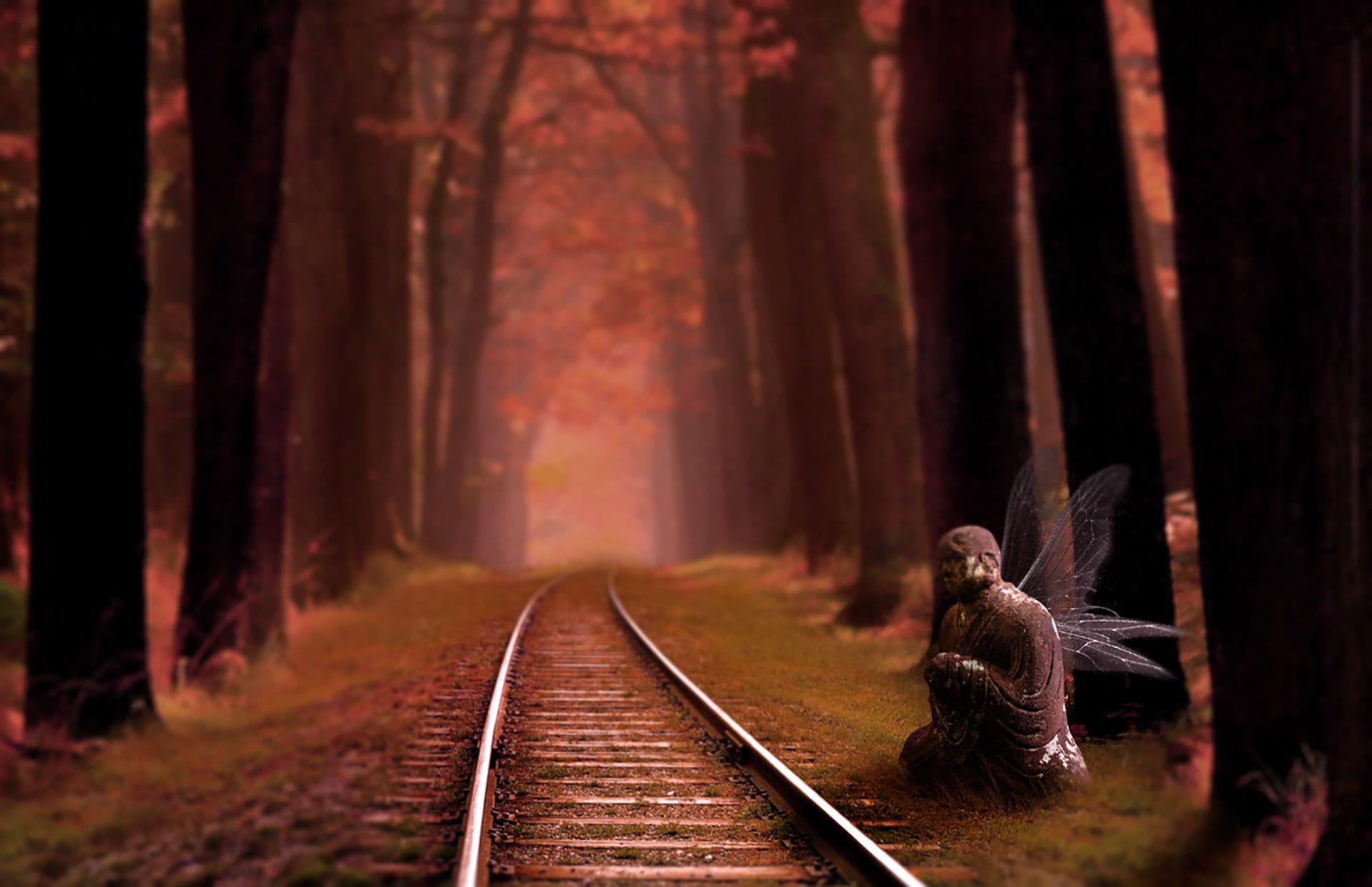 woodland, painting, fantasy, statue, train, tall, land, beside, forest, railroad track, trees, mystic, animal wildlife, train track, surreal, rail transportation, HD Wallpaper