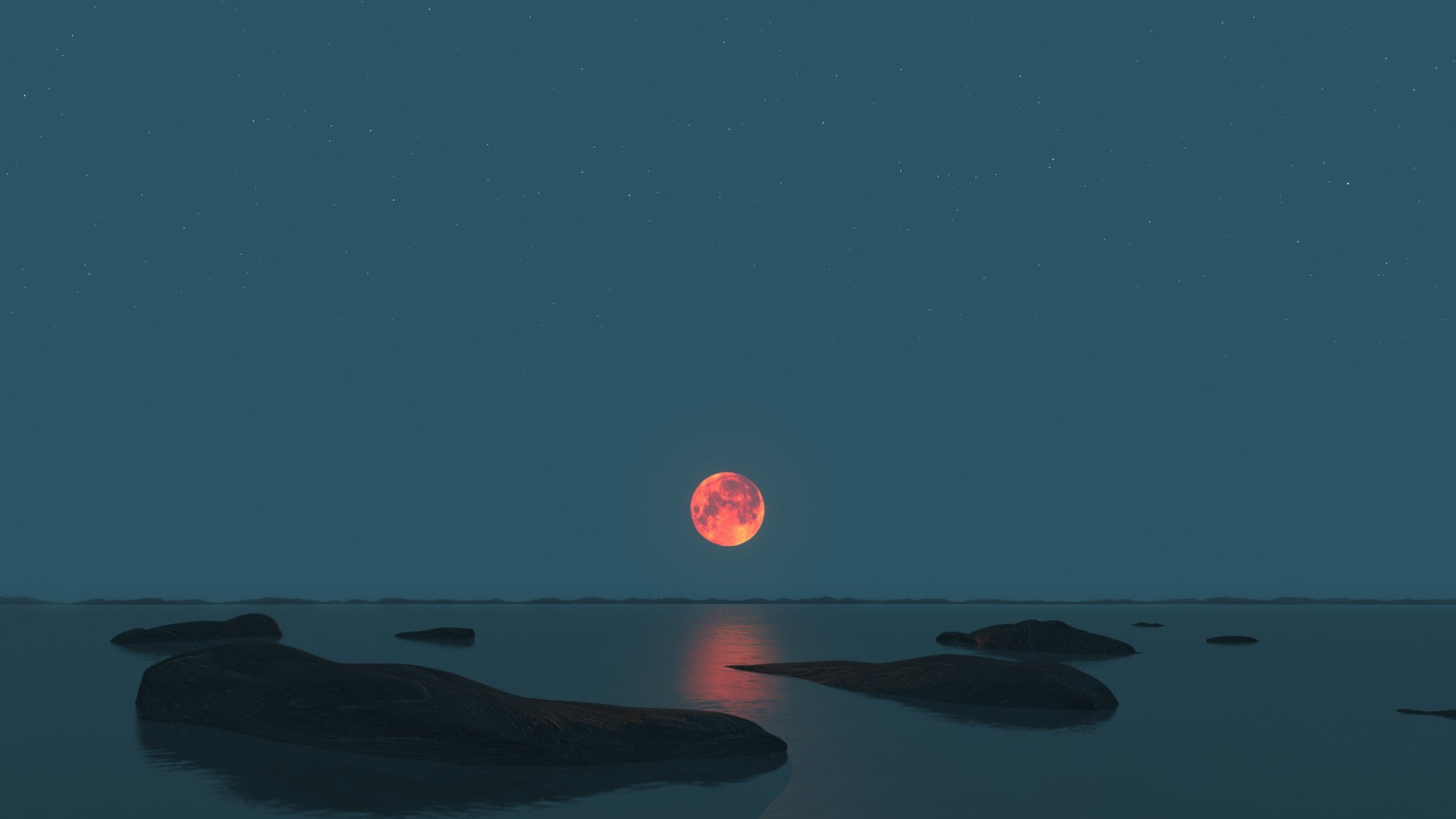 landscape, sea, photography, horizon, lunar eclipses, Moon, moonlight, rock, 1080P, HD Wallpaper