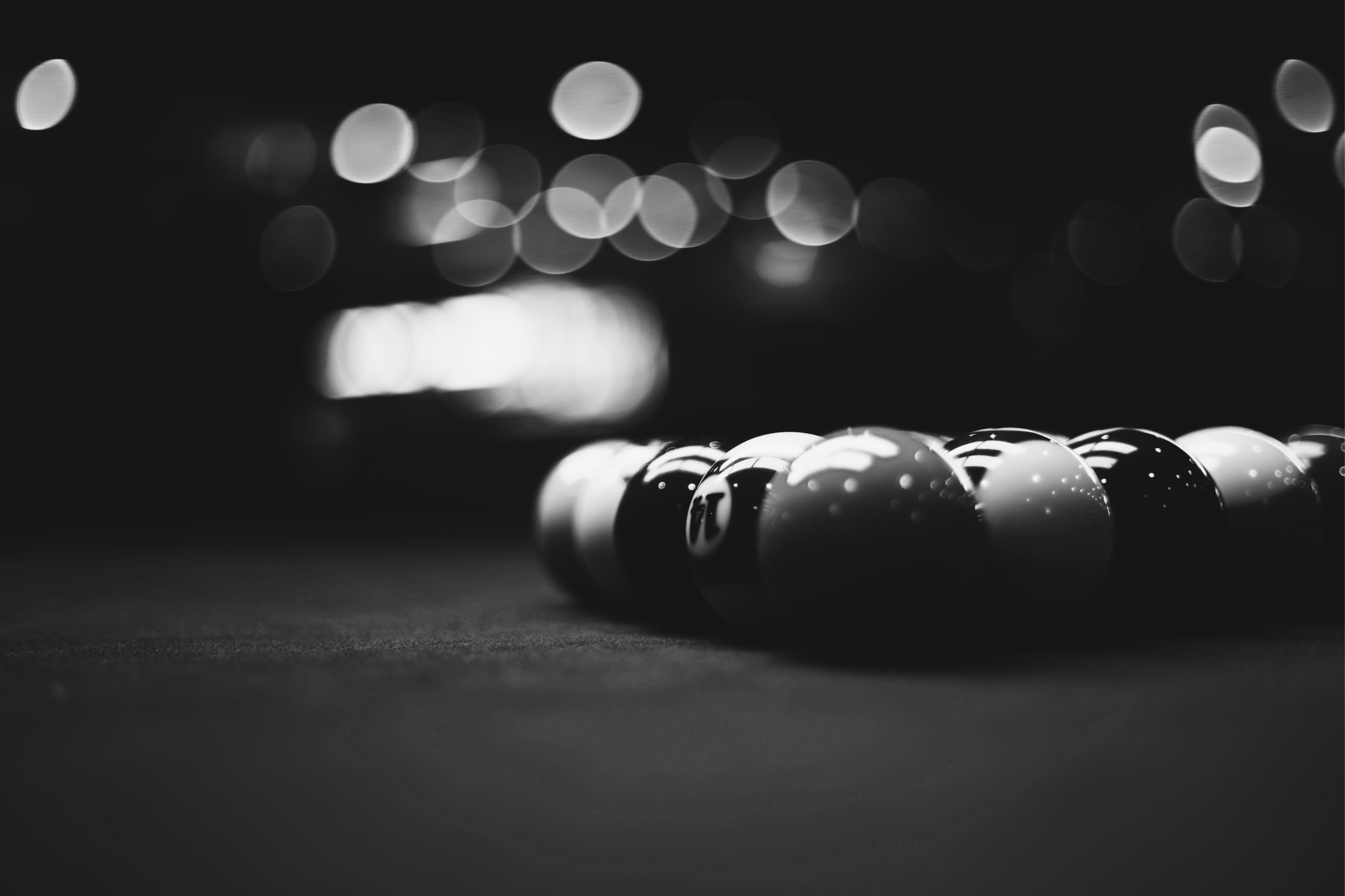 lens flare, outer space, pool ball, close-up, dark, black and white, still life, lighting equipment, moon, 4K, billiard, ball, arts culture and entertainment, HD Wallpaper