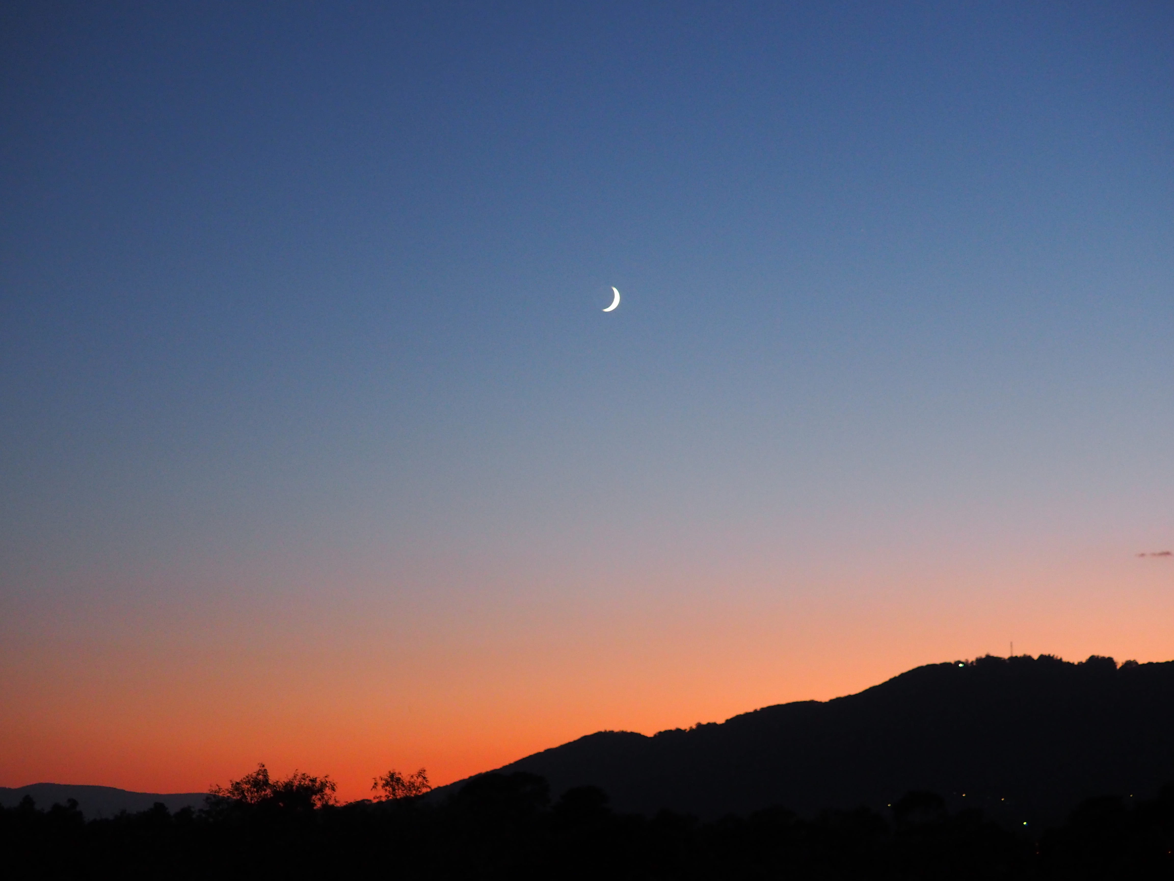 orange color, half moon, sunrise, beauty in nature, outdoors, crescent, silhouette, moon, dusk, morning, 4K, scenics - nature, copy space, mountain, sky, HD Wallpaper
