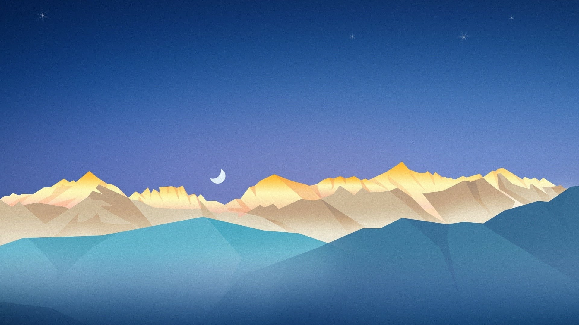 moon, stars, 1080P, minimal, landscape, horizon, night sky, half moon, mountains, HD Wallpaper