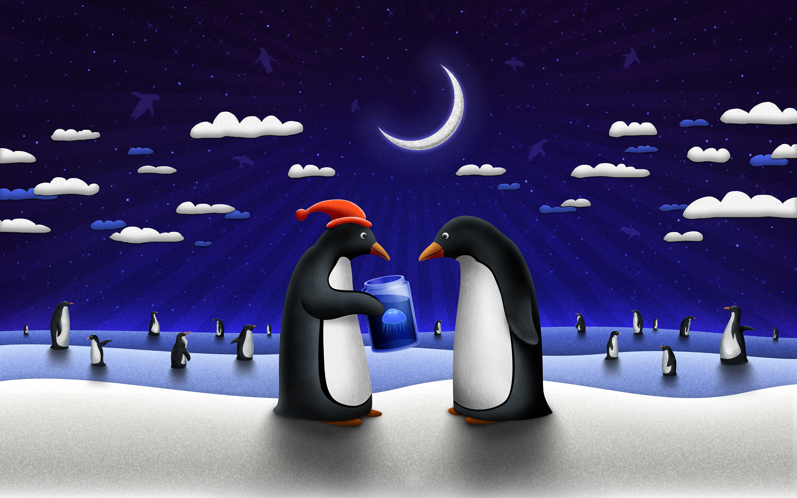 Clouds, Half moon, Winter, Santa hat, Penguins, 2K, HD Wallpaper