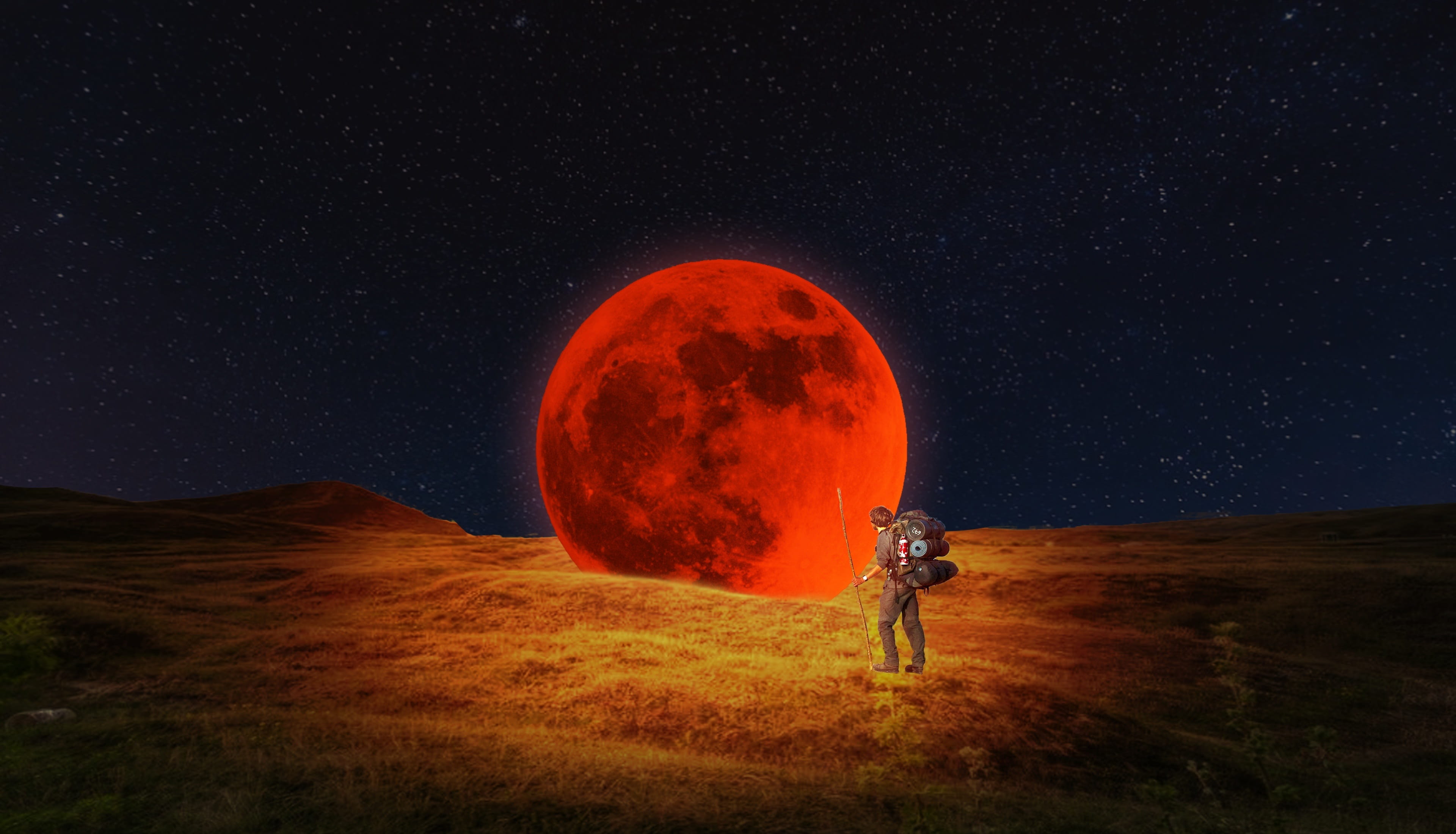 full length, outdoors, sky, astronomy, star field, night, red, galaxy, planet - space, beauty in nature, moon, star - space, nature, 4K, space, standing, HD Wallpaper
