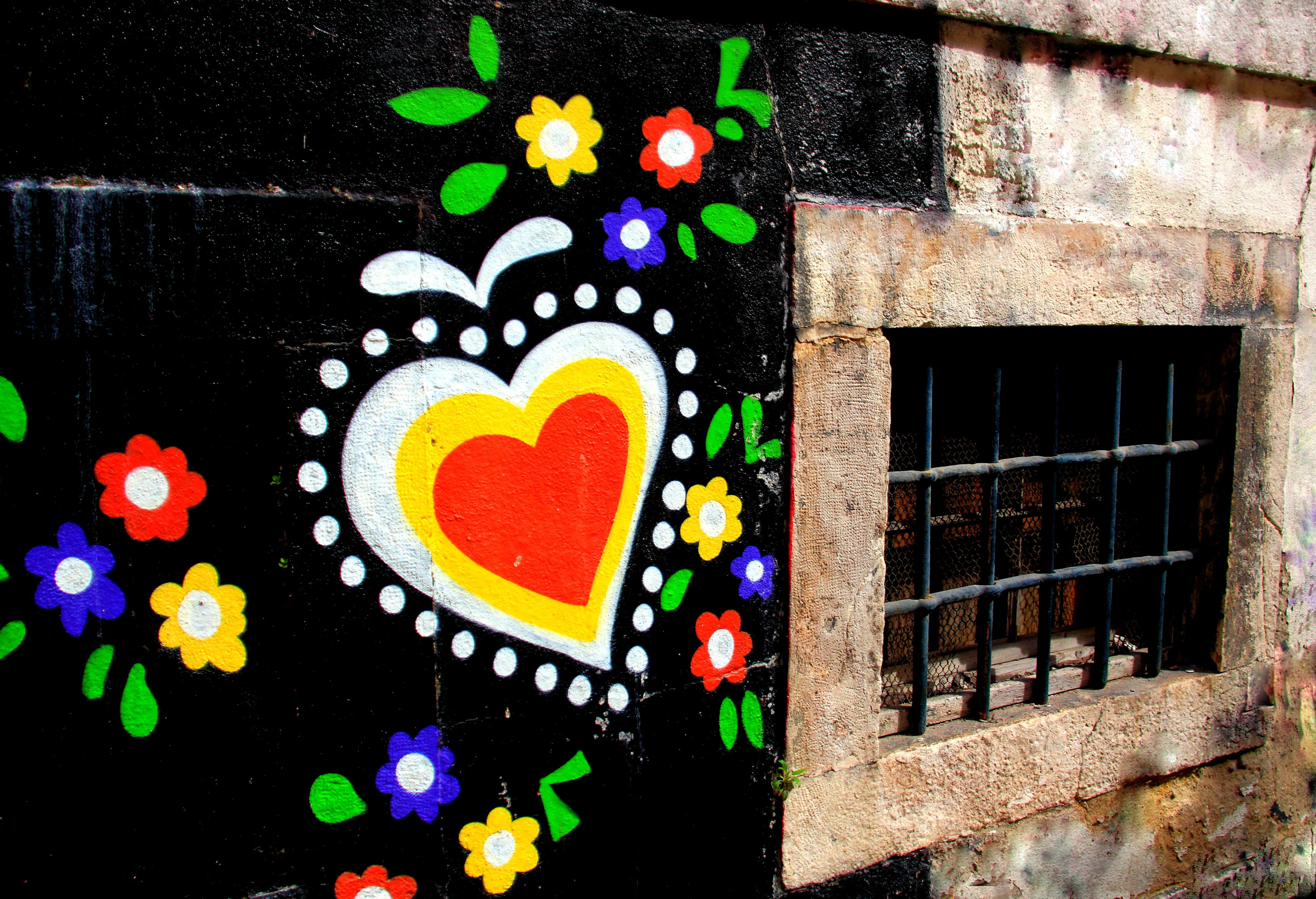 outdoors, multi colored, wall, love, flowers, prison, art and craft, celebration, inside, decoration, night, lighting equipment, illuminated, jail, window, HD Wallpaper