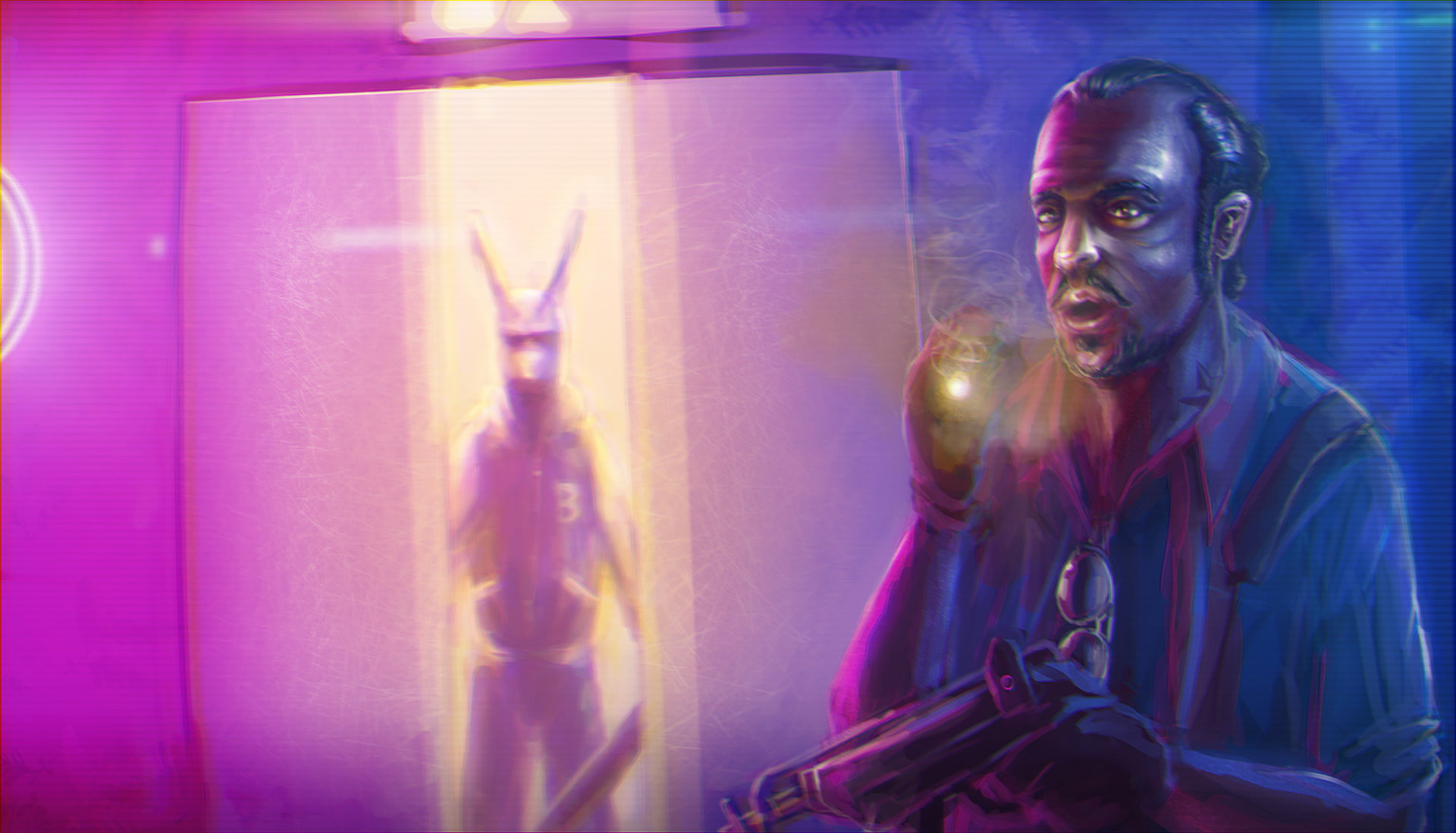 waist up, killer, men, purple, performance, mask, man, indoors, blurred motion, pipe, microphone, hotline miami, illustration, 1080P, the victim, input device, HD Wallpaper