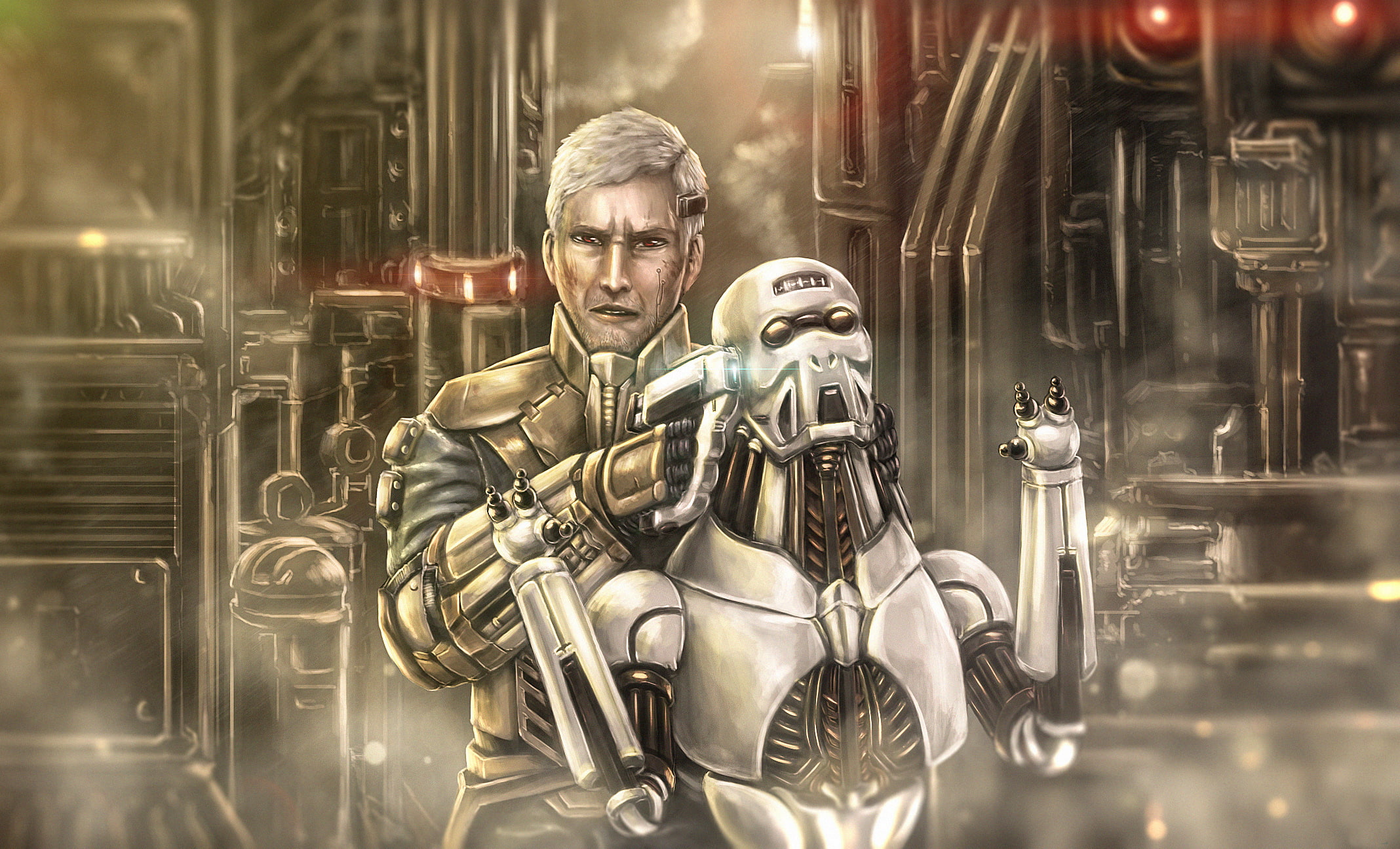 cyborg, 1080P, gun, cyberpunk, people, hostage, art, HD Wallpaper