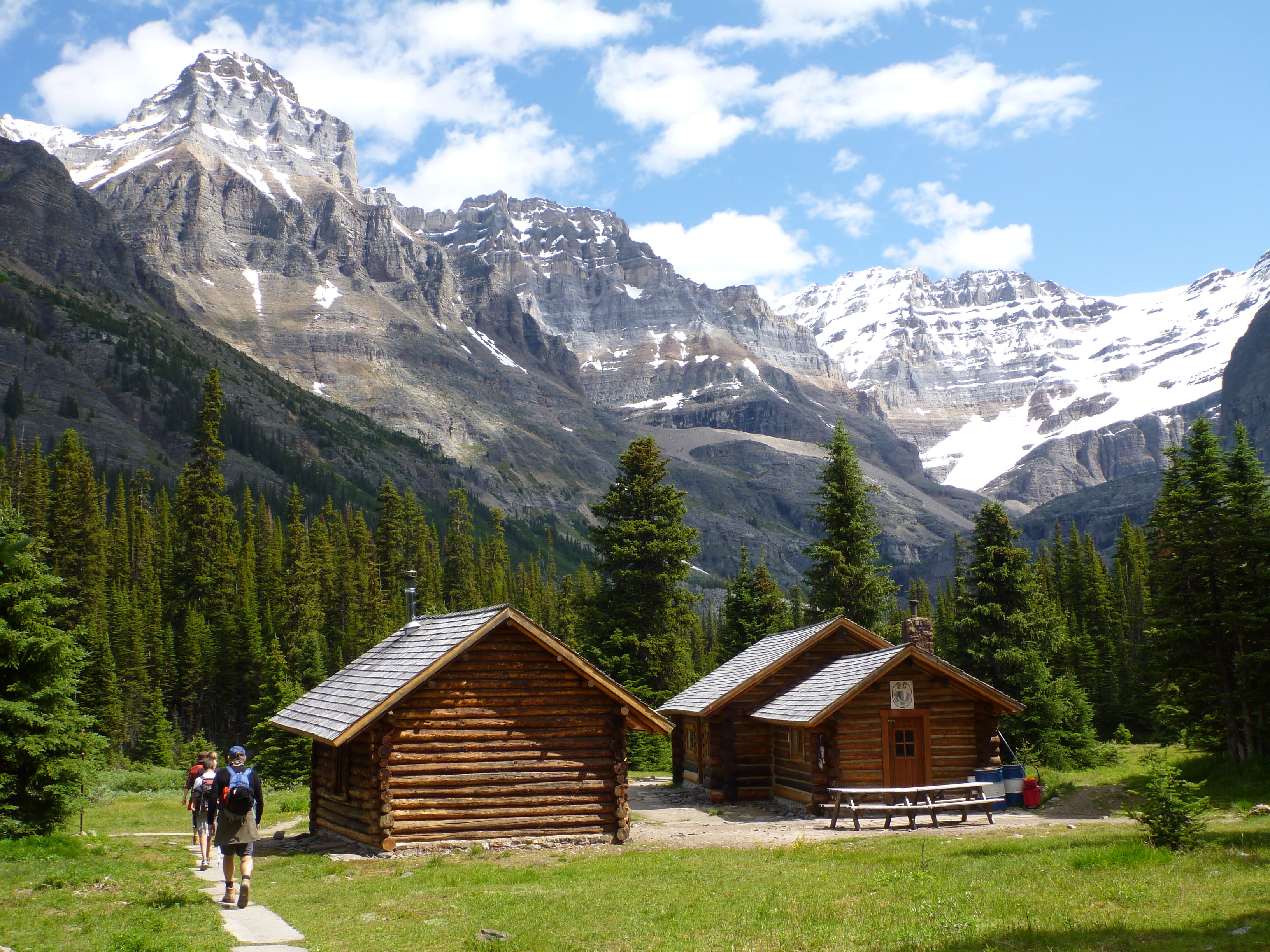 landscape, sky, summer, Canada, european Alps, two, mountains, near, cloudy, Hiking, blue, forest, people, nature, brown, 2K, bungalow, wooden, mountain, HD Wallpaper