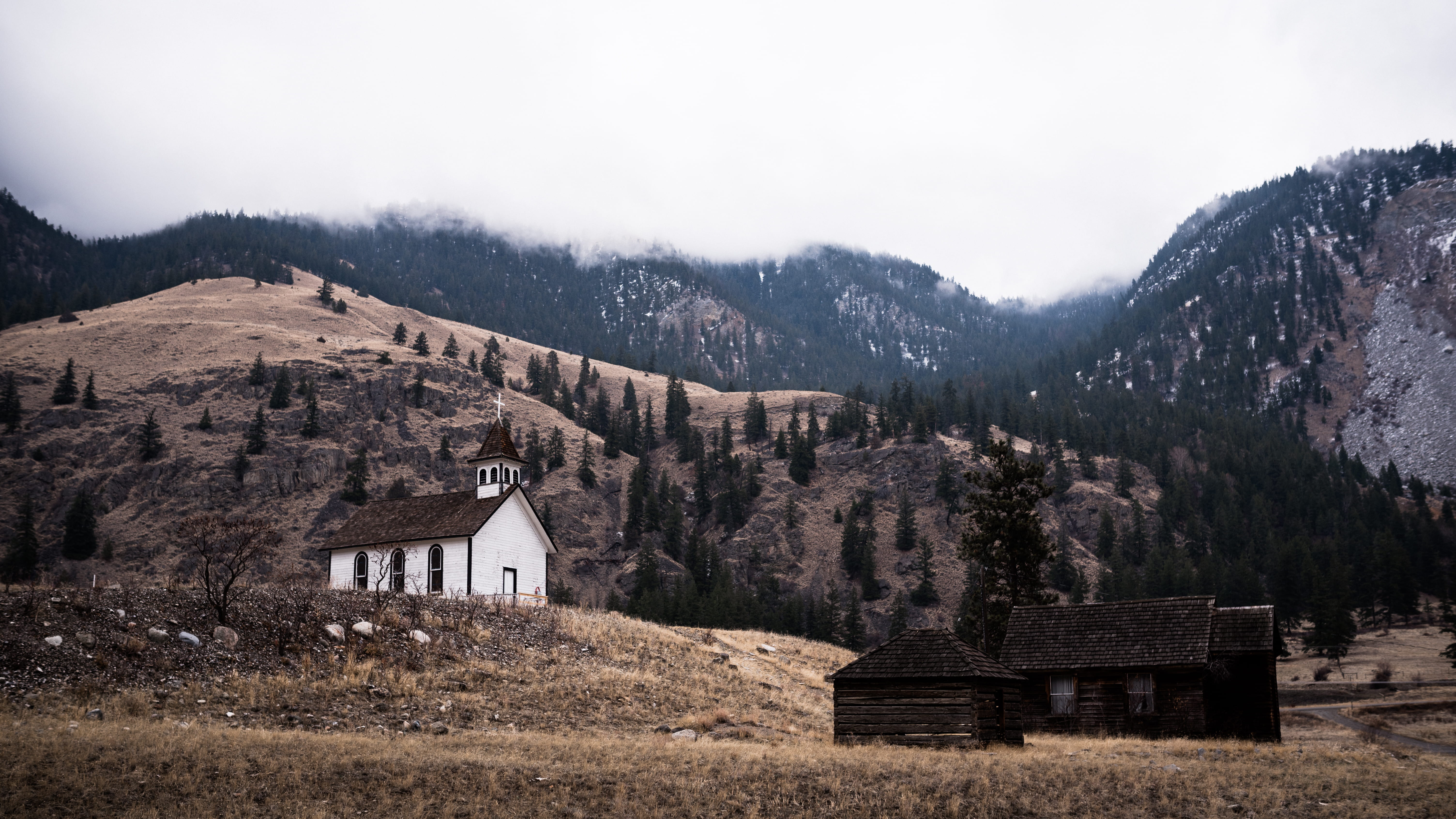 5K, woodland, plant, mountain, white, tranquility, clouds, snow, building, tree, hut, two, sheds, land, taken, pine tree, hill, architecture, no people, HD Wallpaper