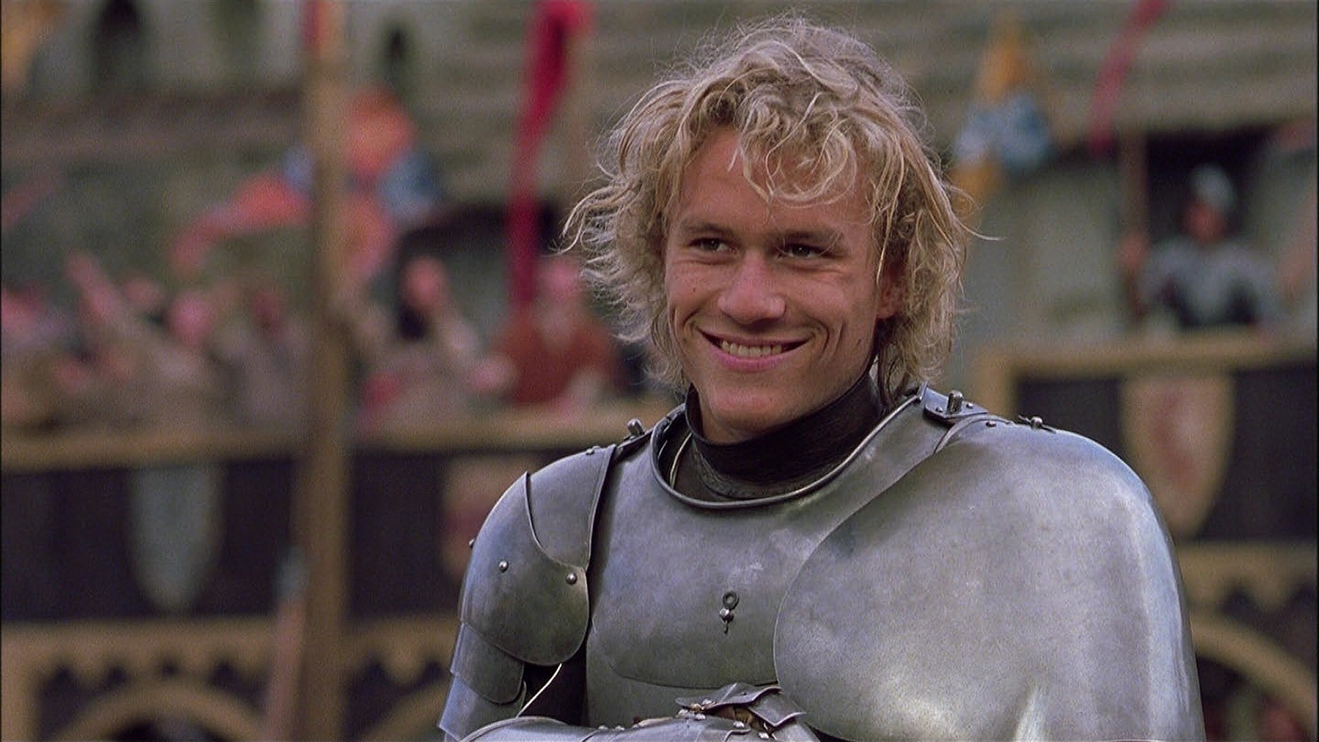 waist up, adult, blond hair, Heath Ledger, headshot, teeth, focus on foreground, 1080P, hairstyle, happiness, men, Movie, confidence, hair, A Knights Tale, HD Wallpaper