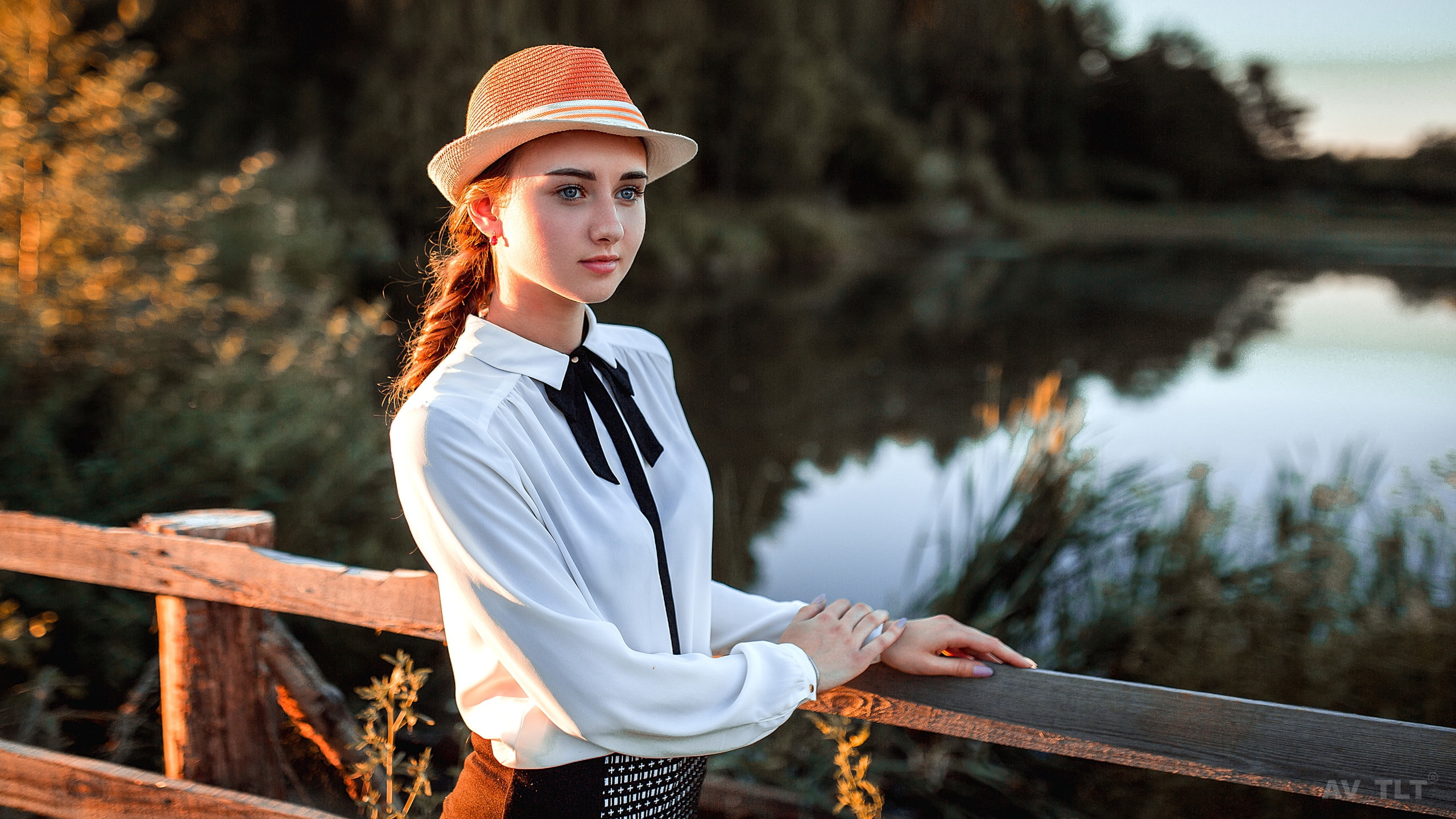 wood, portrait, model, brunette, Nastya Vinogradova, women, white shirt, hat, Braided hair, lagoon, looking into the distance, shirt, blue eyes, Aleksandr Suhar, HD Wallpaper