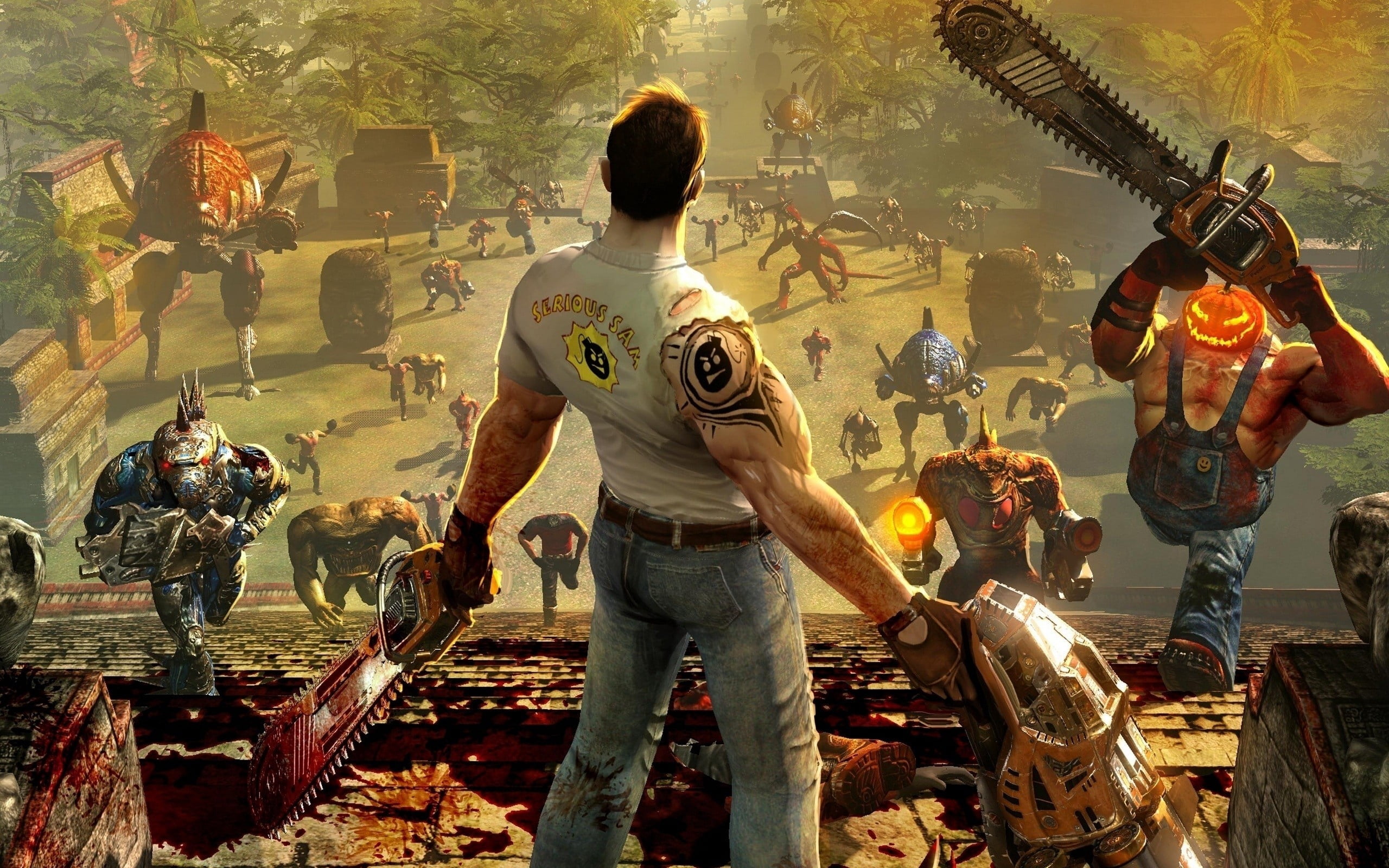 men, art and craft, architecture, standing, real people, gun, cultures, outdoors, casual clothing, pyramid, illustration, serious sam, full length, human representation, HD Wallpaper