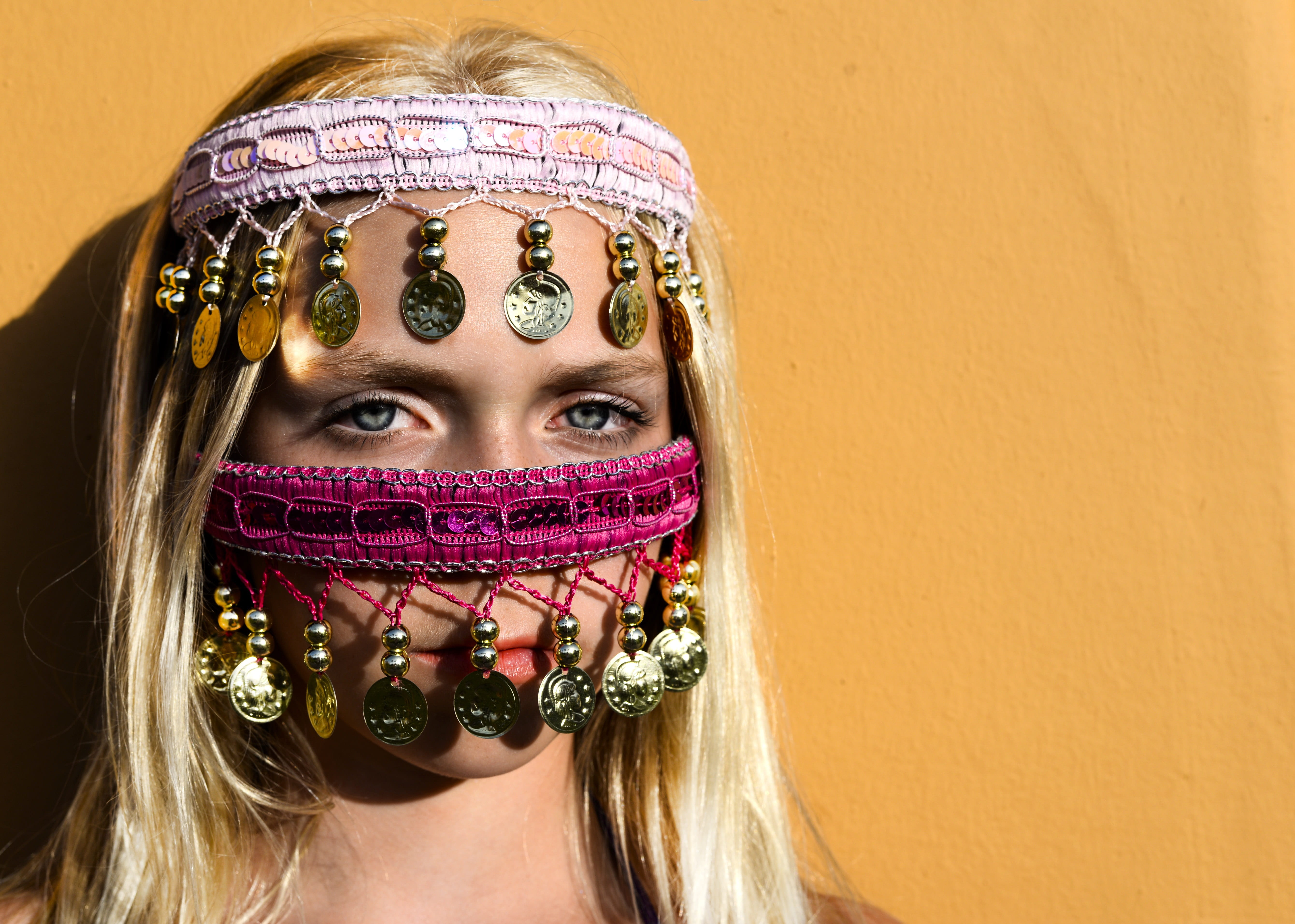 beautiful woman, blond hair, arabian night, young adult, 5K, mask, one person, young women, taking, ornament, oriental, obscured face, face, women, hairstyle, HD Wallpaper