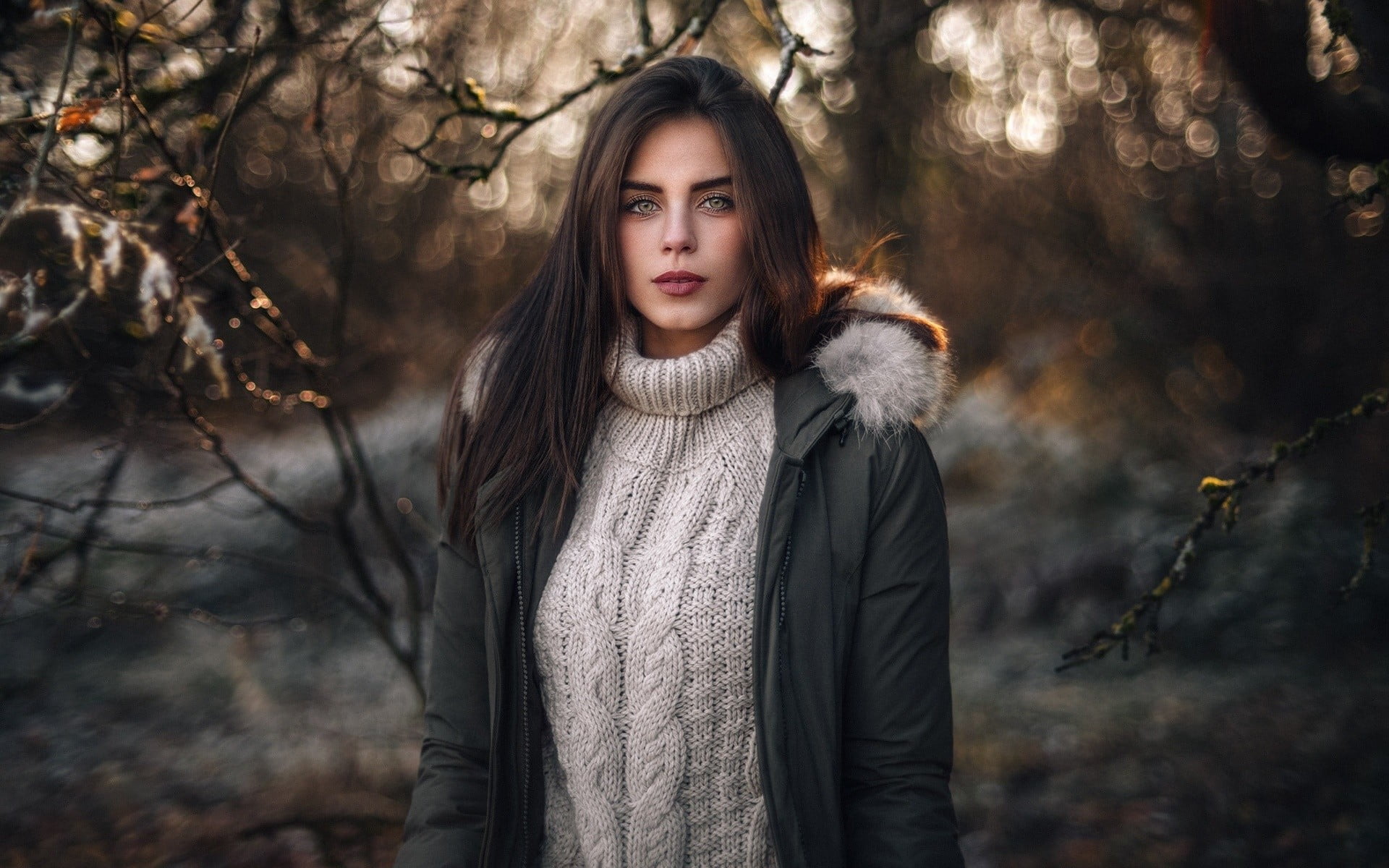 women outdoors, looking at camera, Marlen Valderrama Alvaréz, portrait, autumn, beautiful people, women, land, warm clothing, 1080P, beauty, fashion, forest, HD Wallpaper
