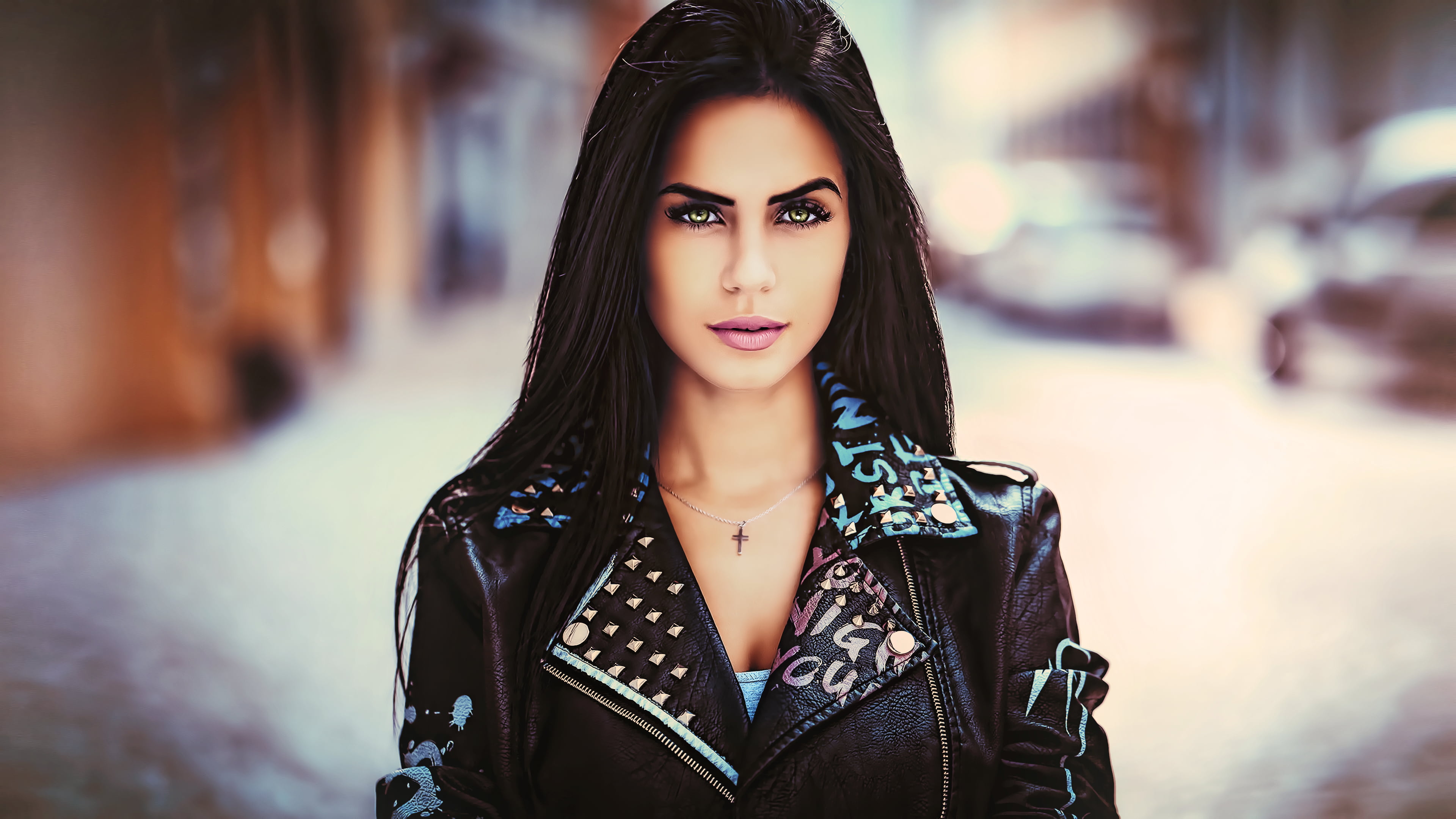 green eyes, Anatoli Oskin, one person, headshot, beautiful woman, lifestyles, hairstyle, leather, looking at camera, hair, brunette, portrait, young adult, HD Wallpaper