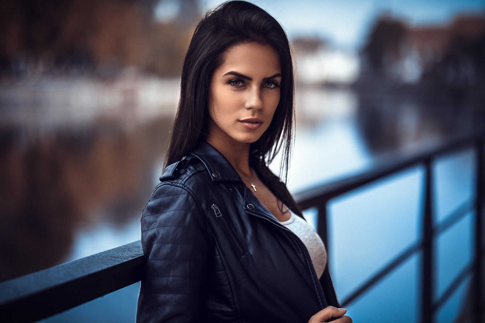 contemplation, adult, beauty, beautiful people, leather jacket, hair, focus on foreground, portrait, look, young women, long hair, standing, young adult, HD Wallpaper